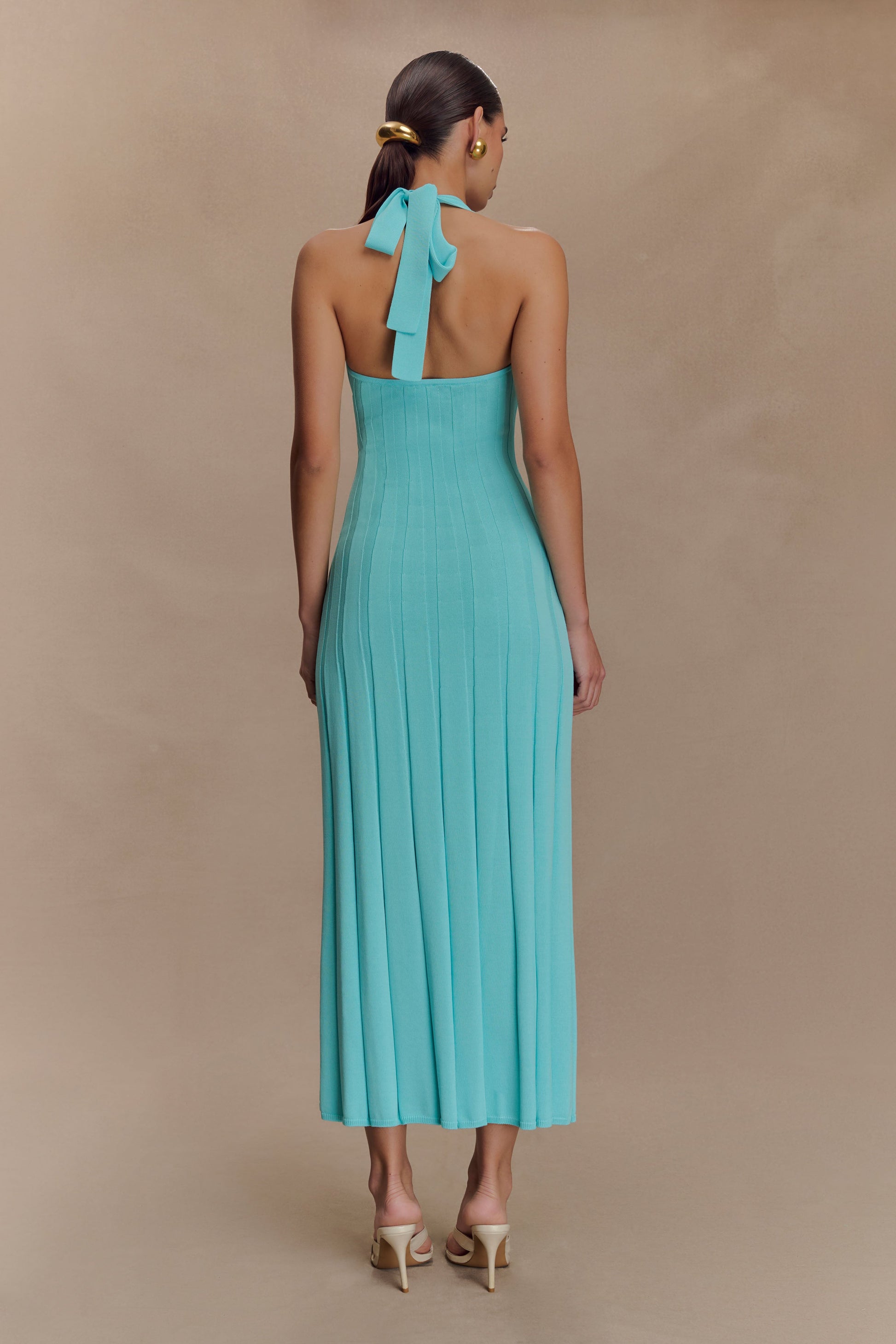 Jacqui Halter Knit Midi Dress - Cyan Blue | MESHKI US Jacqui Halter Knit Midi Dress - Cyan Blue | MESHKI US