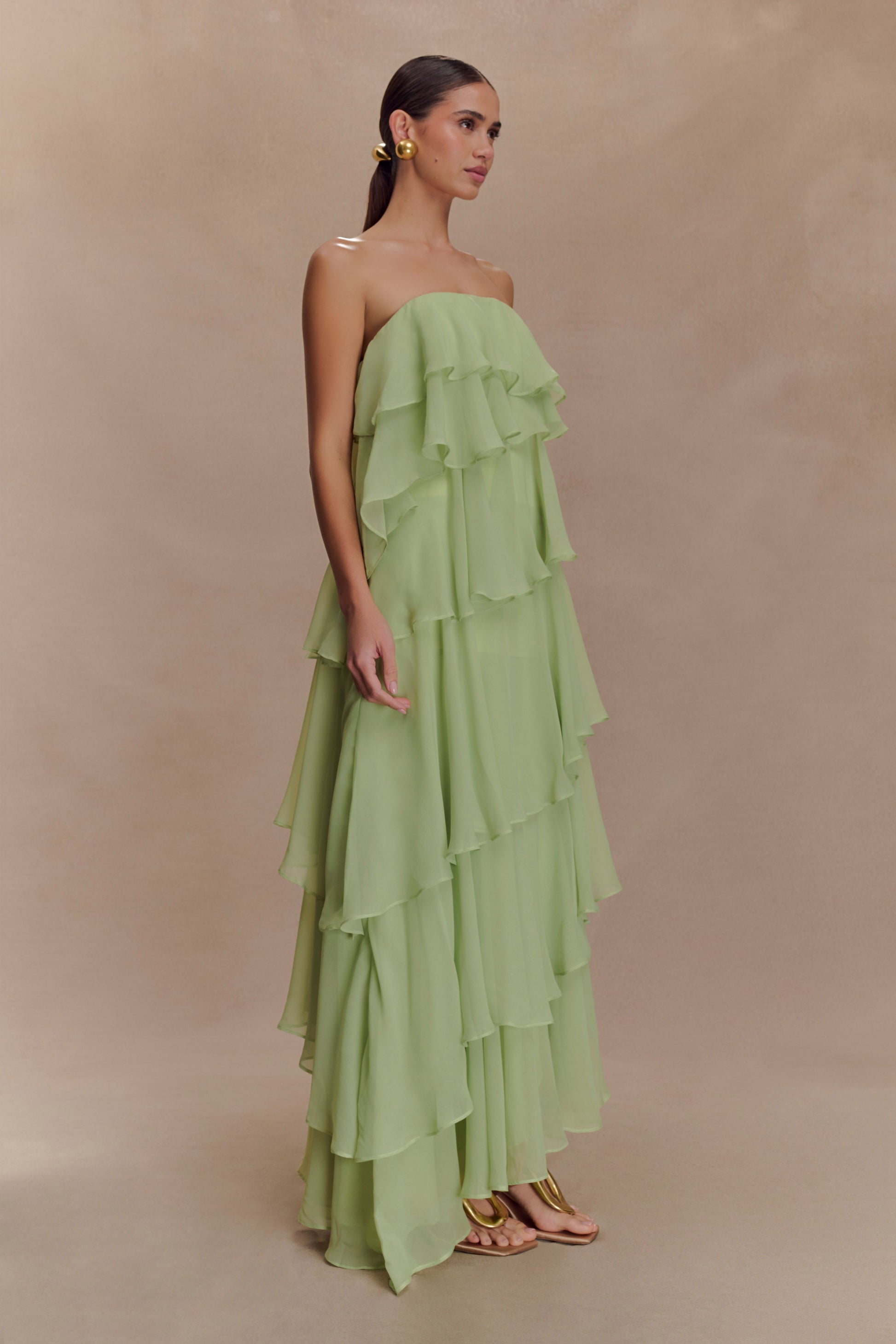 Alexa Ruffle Chiffon Maxi Dress - Pastel Lime | MESHKI US Alexa Ruffle Chiffon Maxi Dress - Pastel Lime | MESHKI US