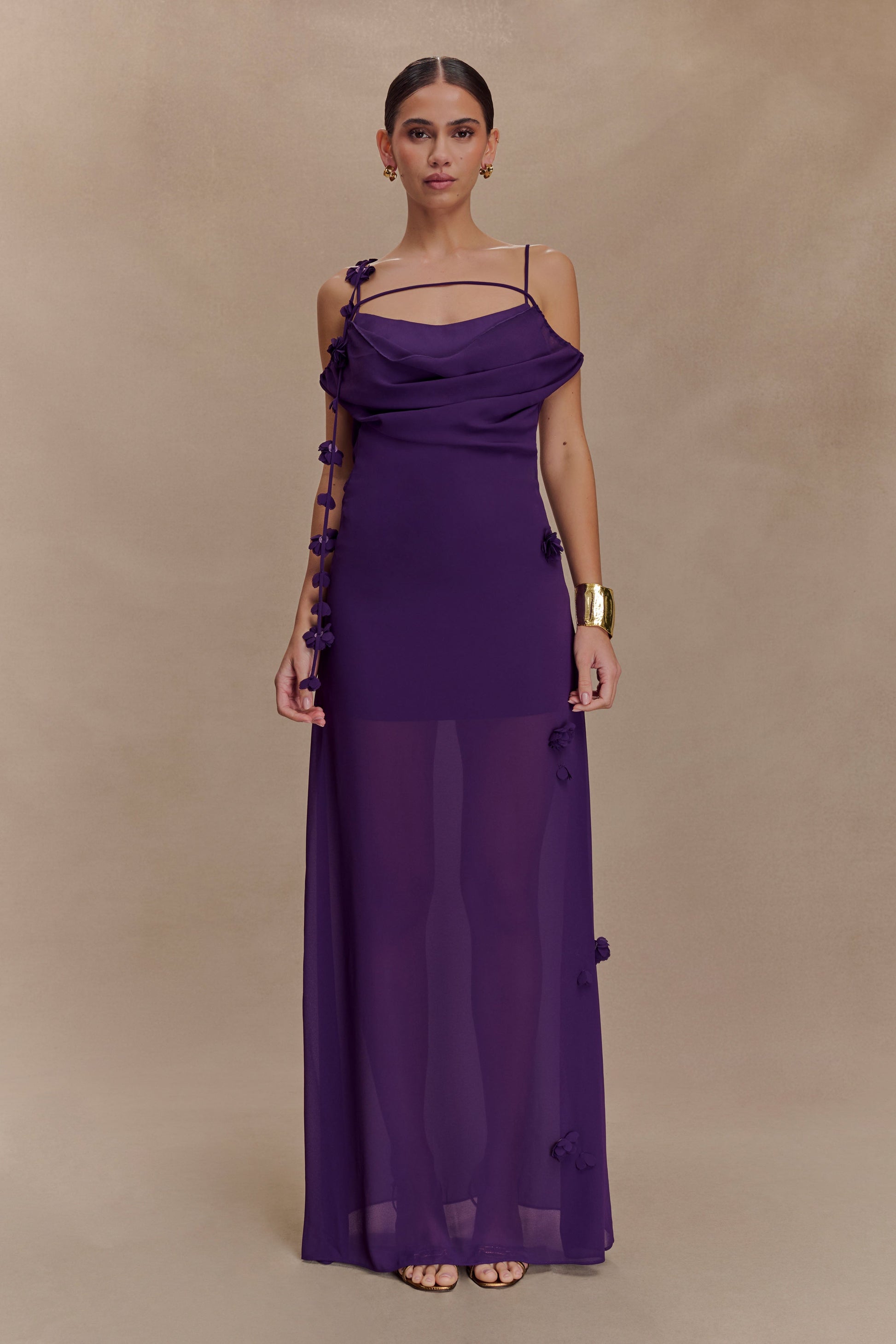 purple chiffon dress Giulia Draped Maxi / | MESHKI The fitted waist creates a flattering shape boohoo Women's Chiffon Cowl Neck