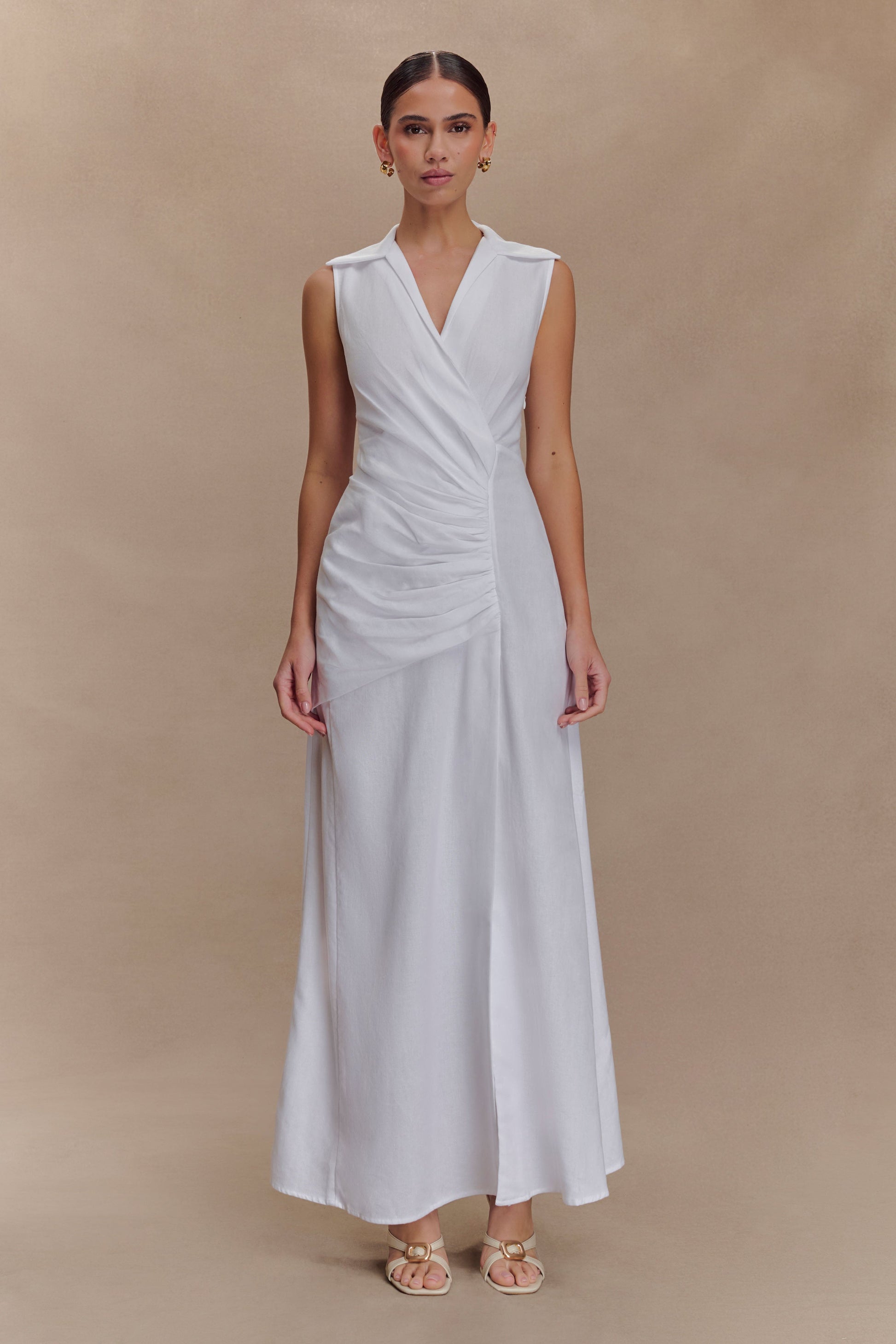 Dante Ruched Linen Midi Dress / White | MESHKI