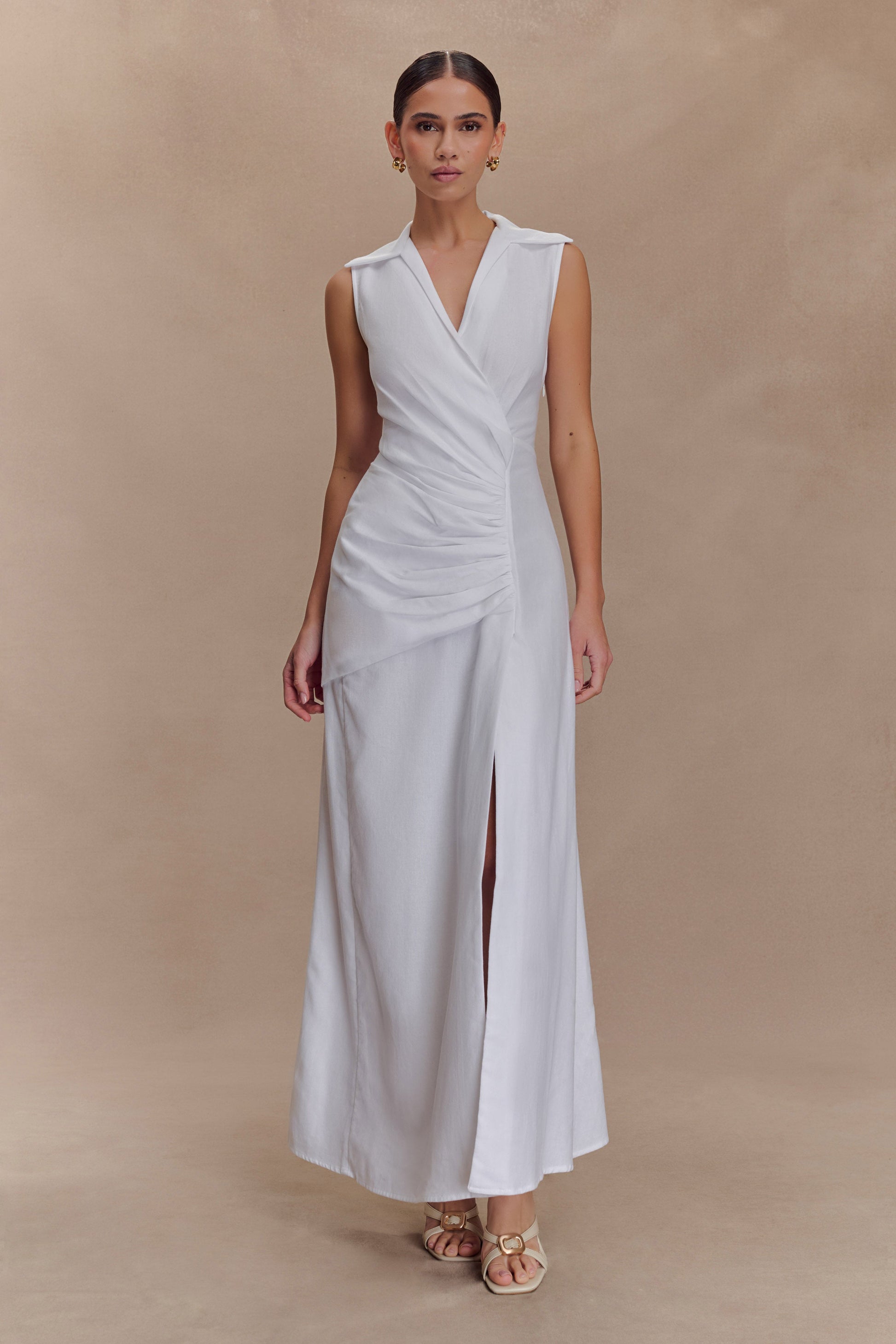 Dante Ruched Linen Midi Dress / White | MESHKI | XS Dante Ruched Linen Midi Dress / White | MESHKI | XS