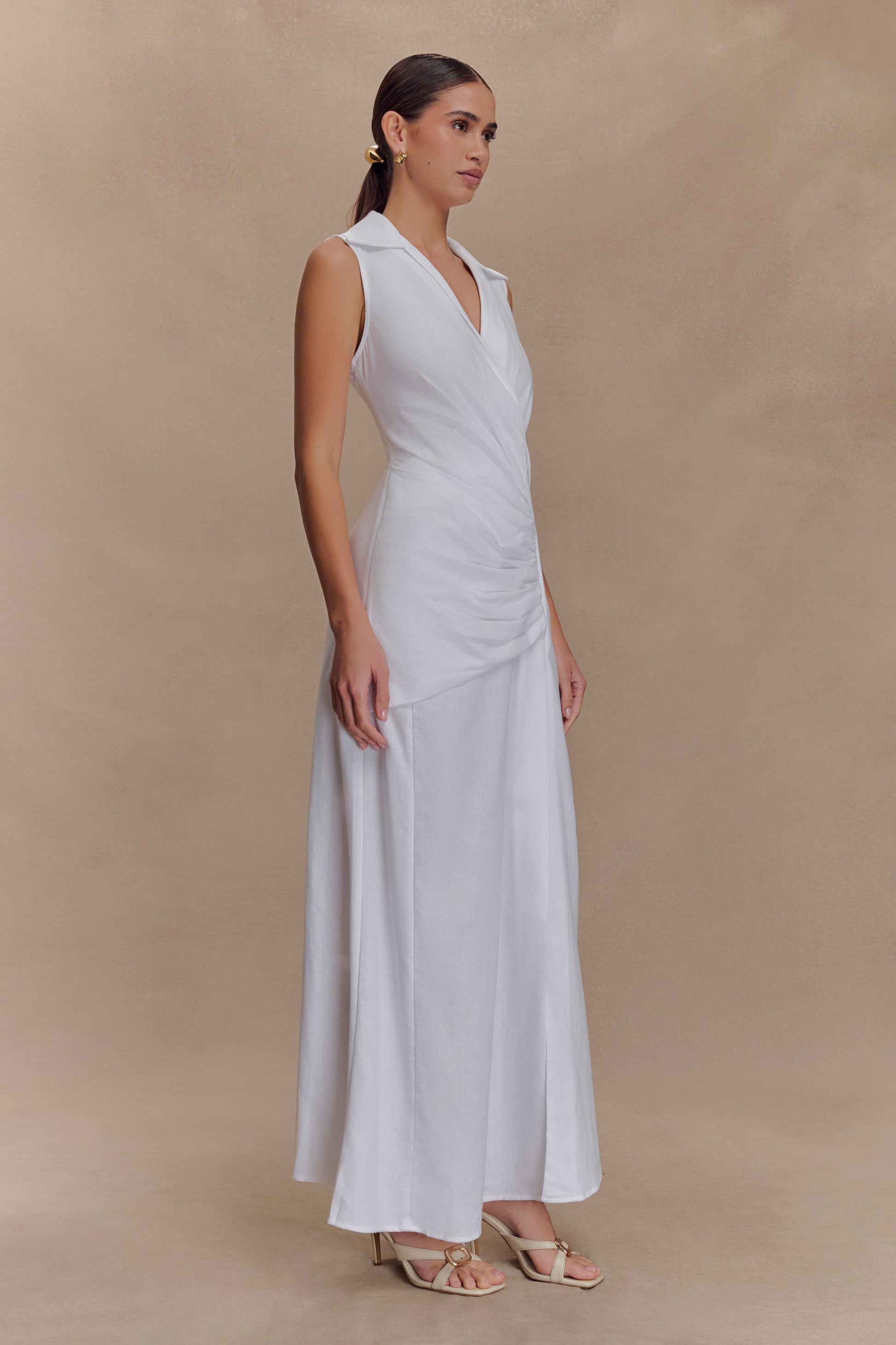 Dante Ruched Linen Midi Dress / White | MESHKI | XS Dante Ruched Linen Midi Dress / White | MESHKI | XS