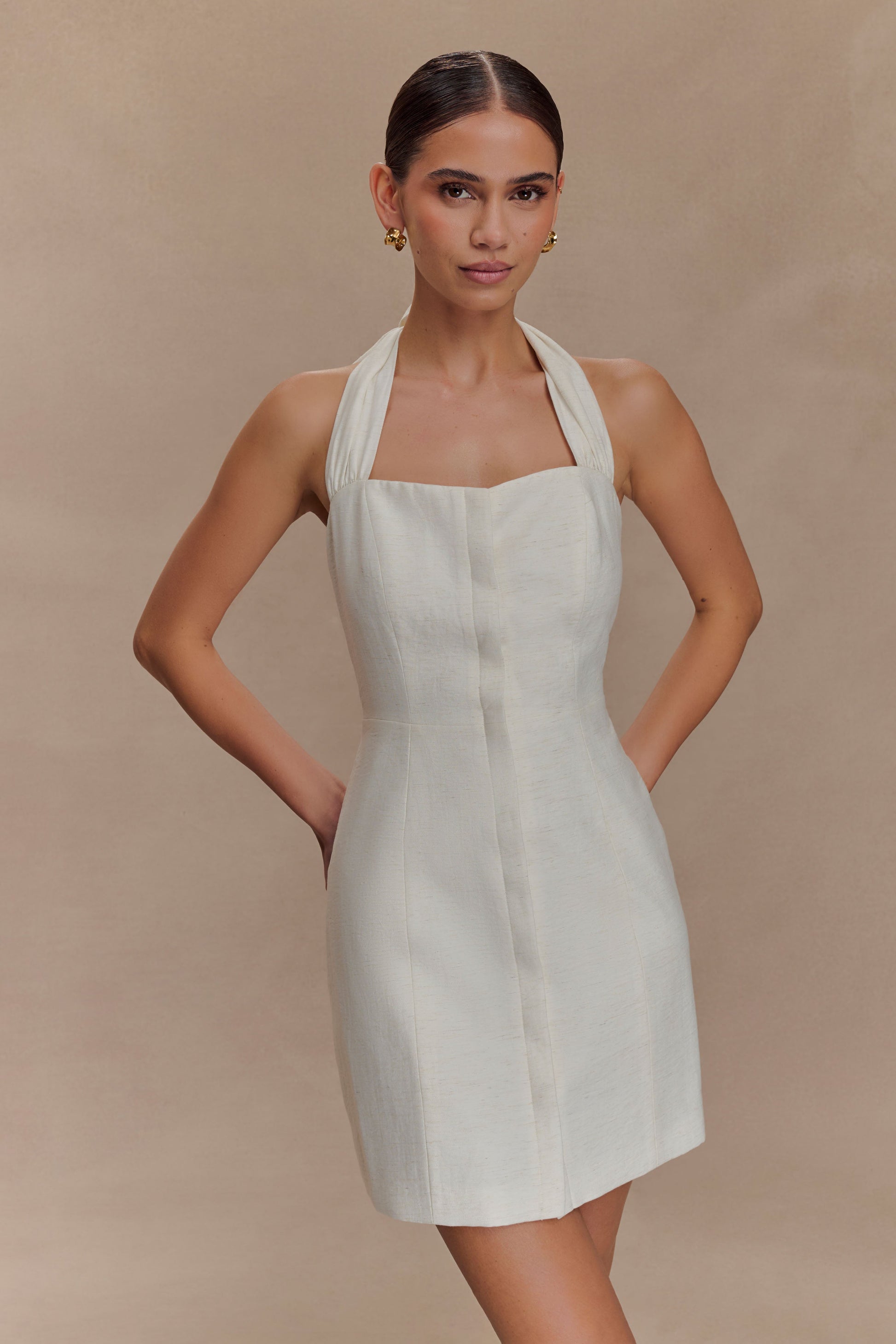 Anya Linen Halter Mini Dress / Oat Marle | MESHKI | 3XL Anya Linen Halter Mini Dress / Oat Marle | MESHKI | 3XL