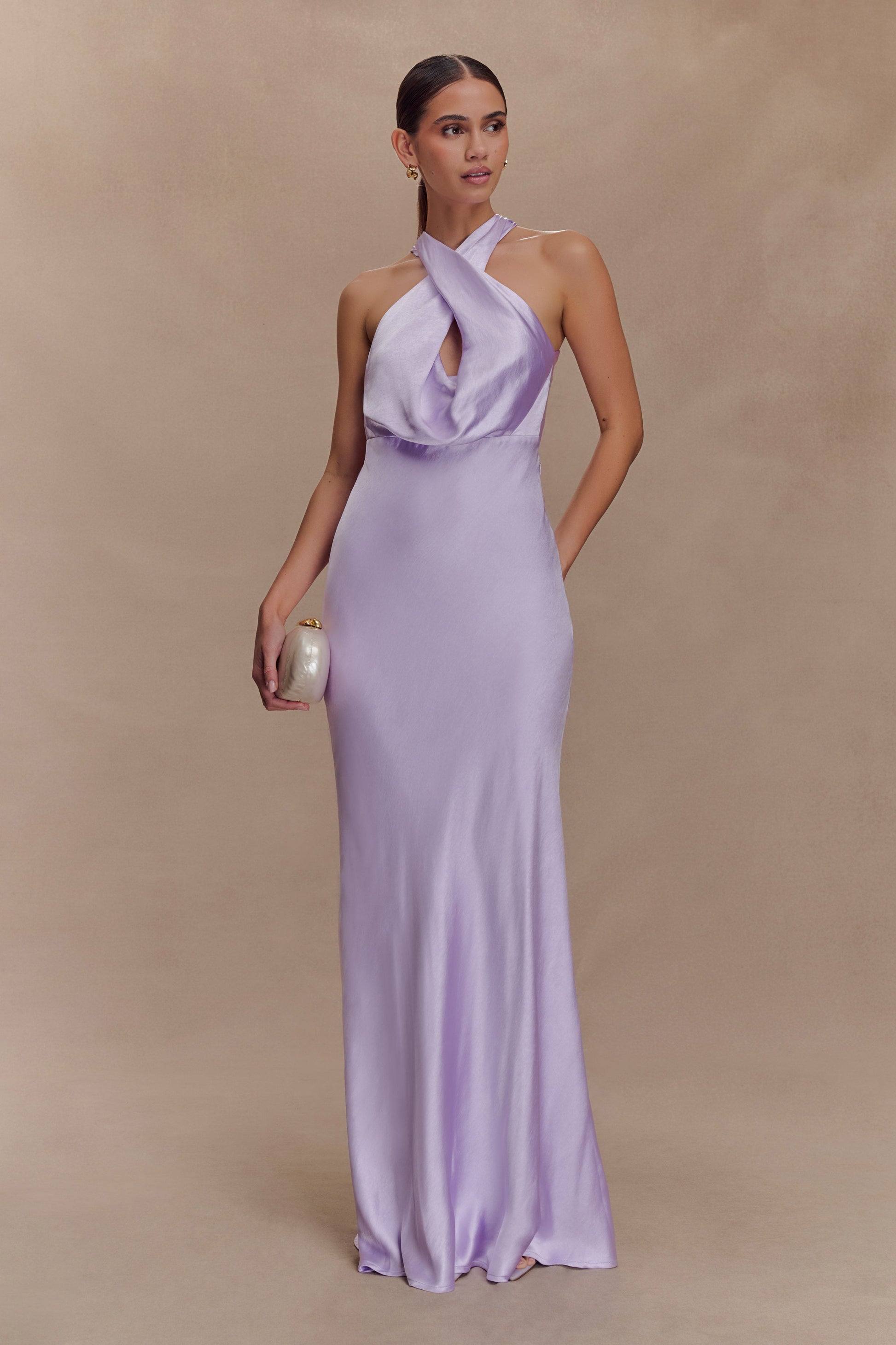 Phyllis Satin Halter Maxi Dress / Lilac | MESHKI | XS Phyllis Satin Halter Maxi Dress / Lilac | MESHKI | XS