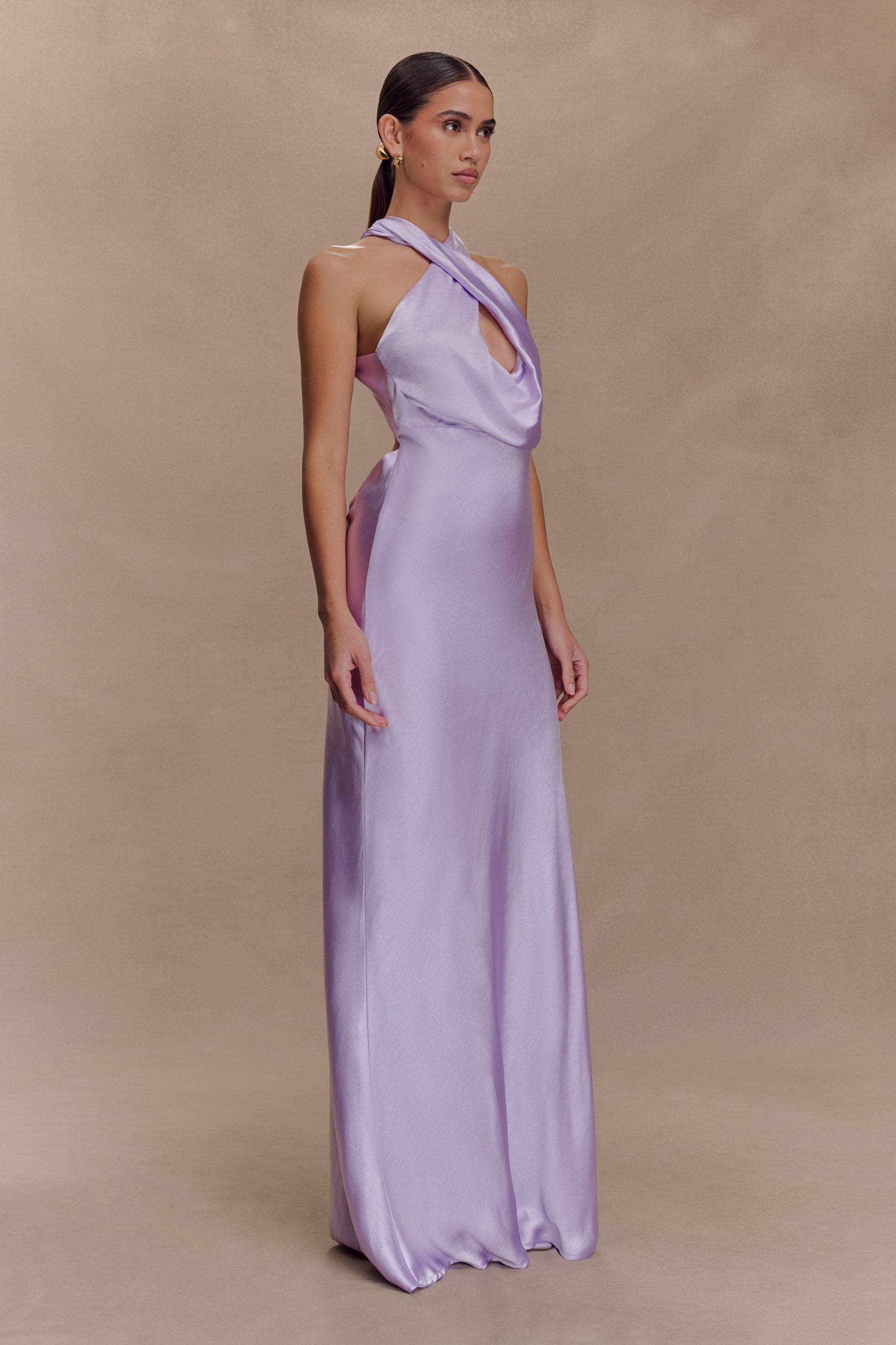 Phyllis Satin Halter Maxi Dress - Lilac | MESHKI US Phyllis Satin Halter Maxi Dress - Lilac | MESHKI US