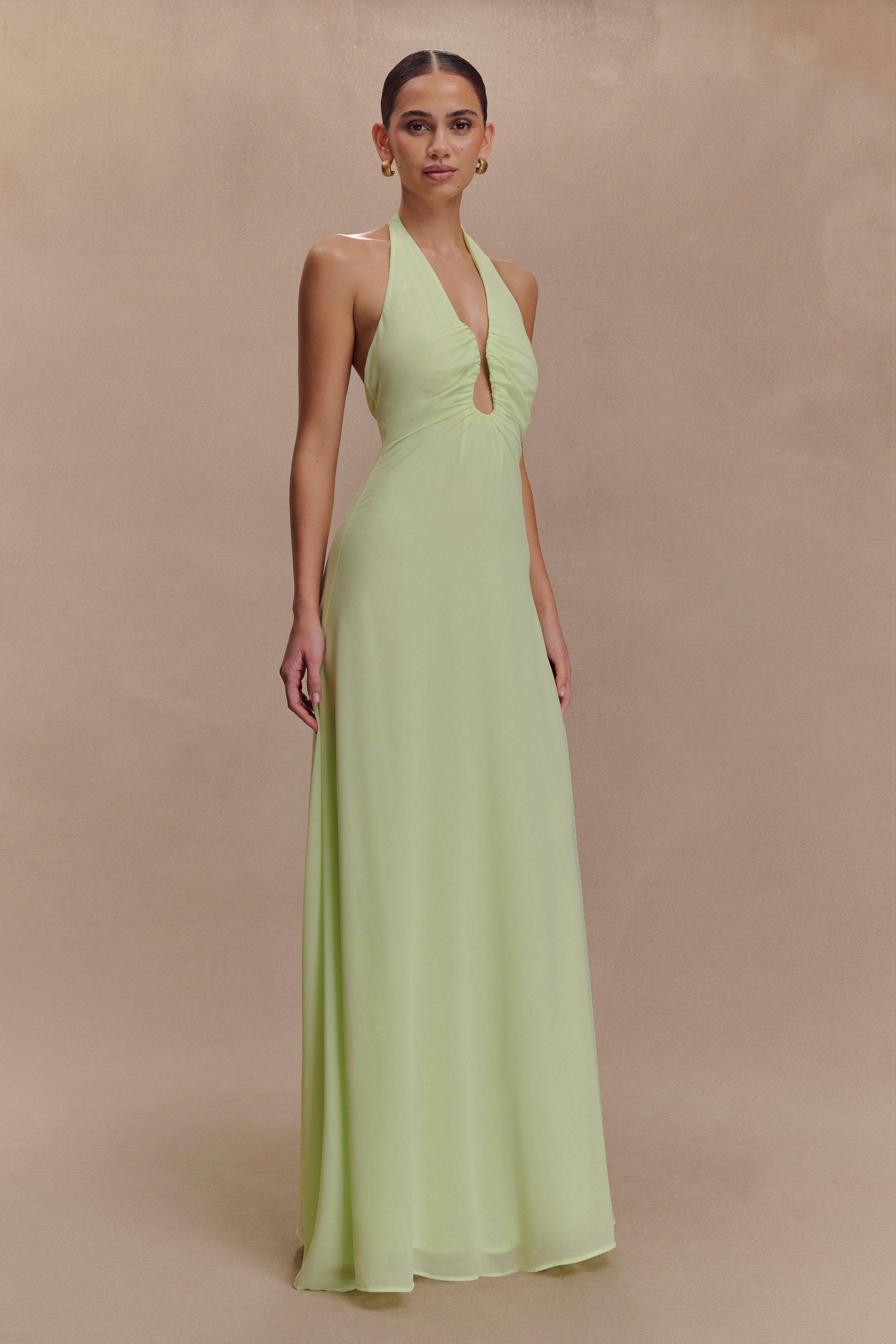 Malakhai Chiffon Halter Maxi Dress / Pastel Green | MESHKI | XXS Malakhai Chiffon Halter Maxi Dress / Pastel Green | MESHKI | XXS