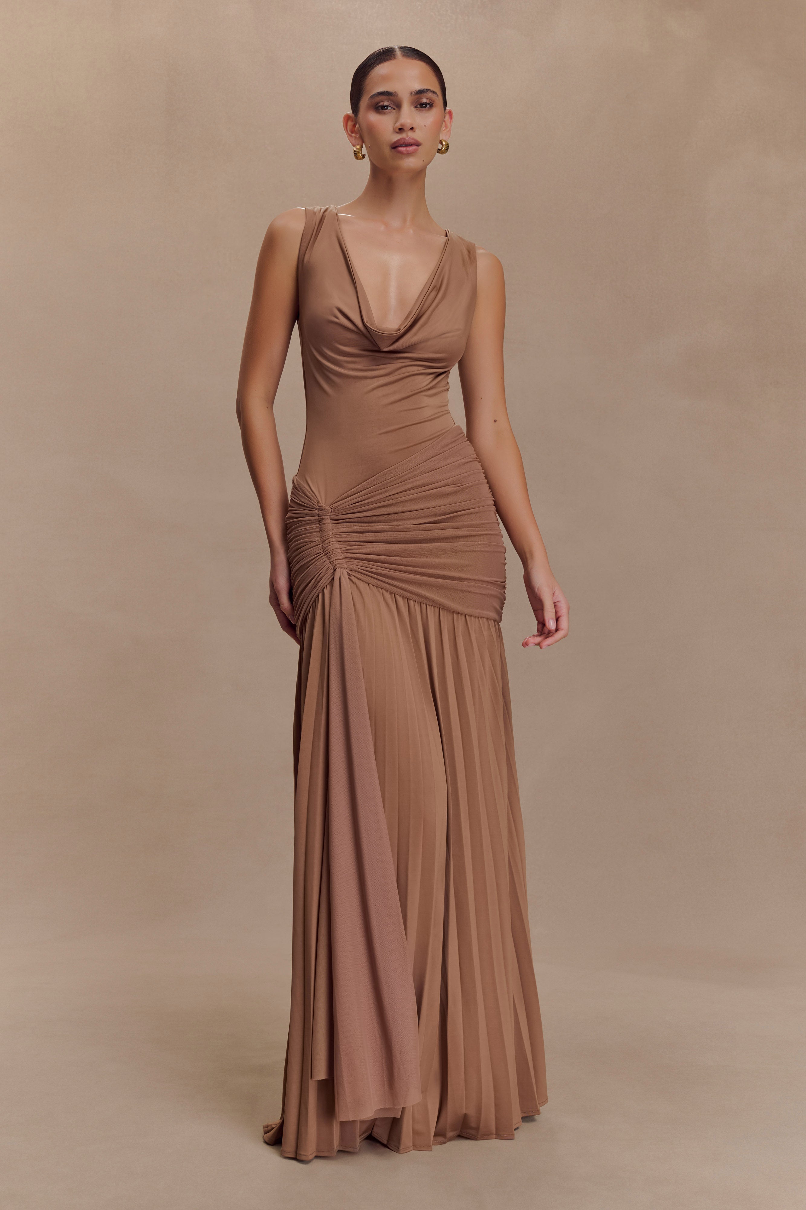 Dania Cowl Neck Slinky Maxi Dress - Mocha Mousse | MESHKI US