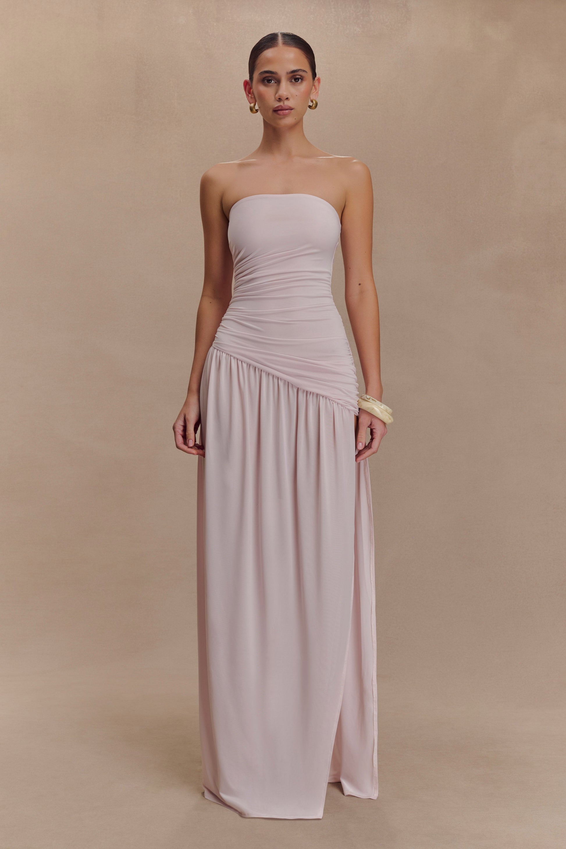 Bex Strapless Slinky Maxi Dress with Split / Pale Pink | Meshki | M Bex Strapless Slinky Maxi Dress with Split / Pale Pink | Meshki | M