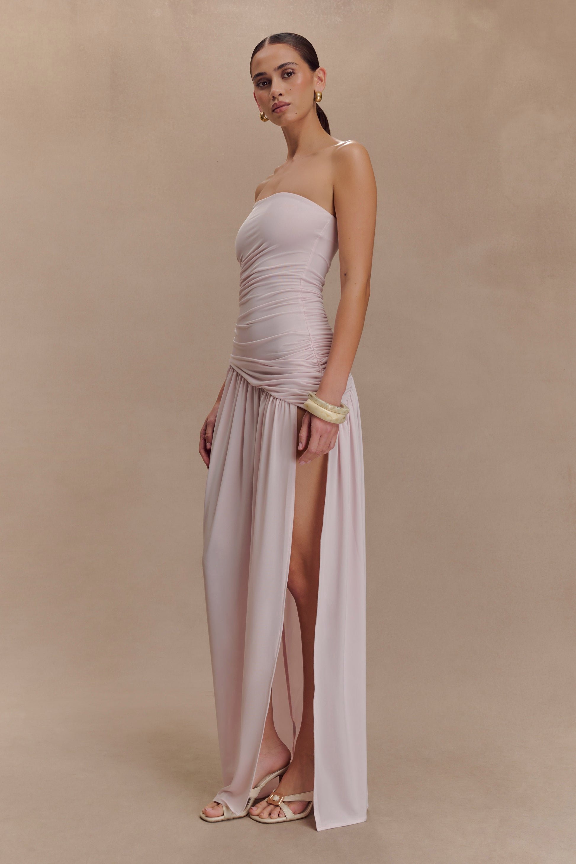 Bex Strapless Slinky Maxi Dress with Split / Pale Pink | Meshki | M Bex Strapless Slinky Maxi Dress with Split / Pale Pink | Meshki | M