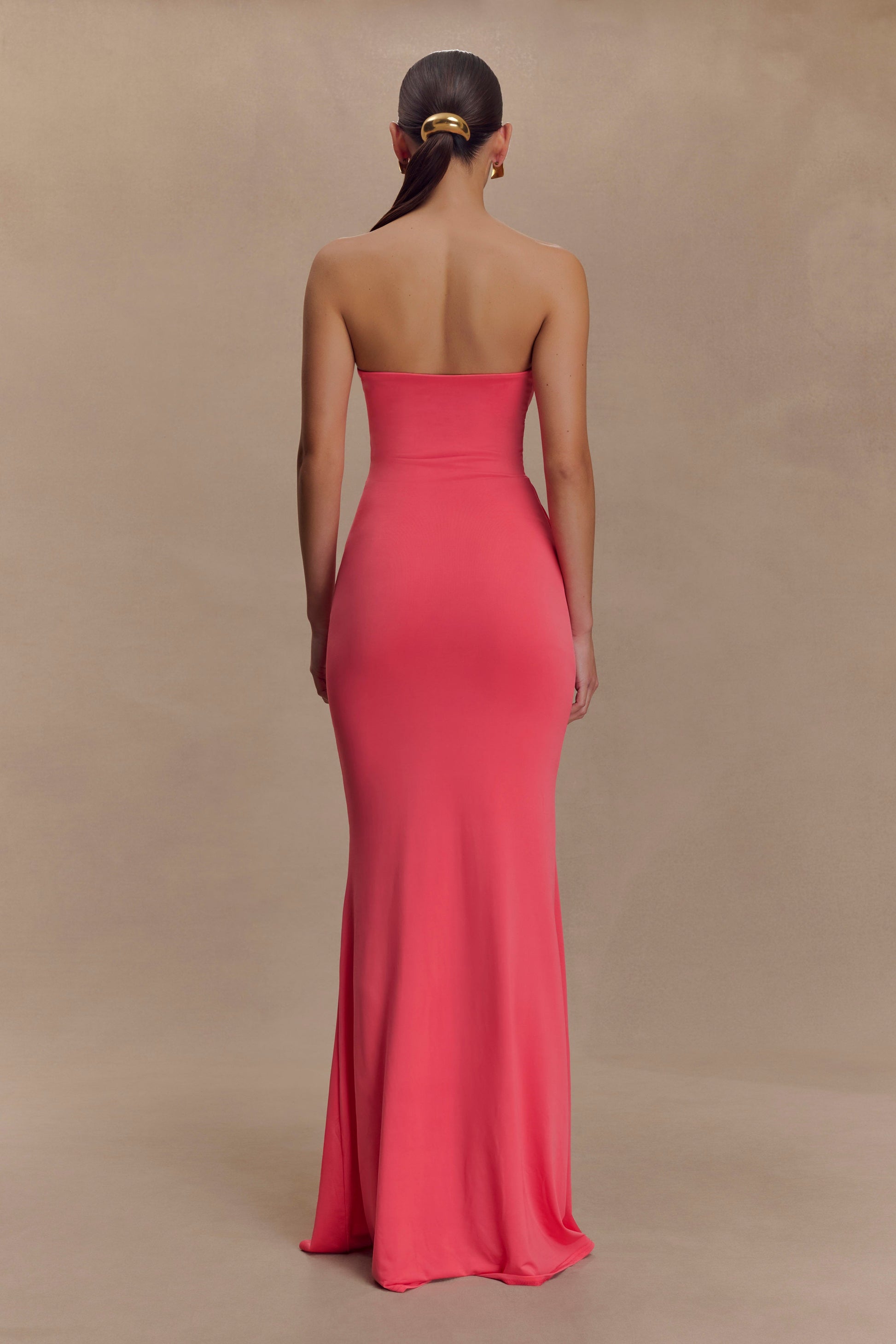Madison Strapless Slinky Maxi Dress - Coral Xs Madison Strapless Slinky Maxi Dress - Coral Xs