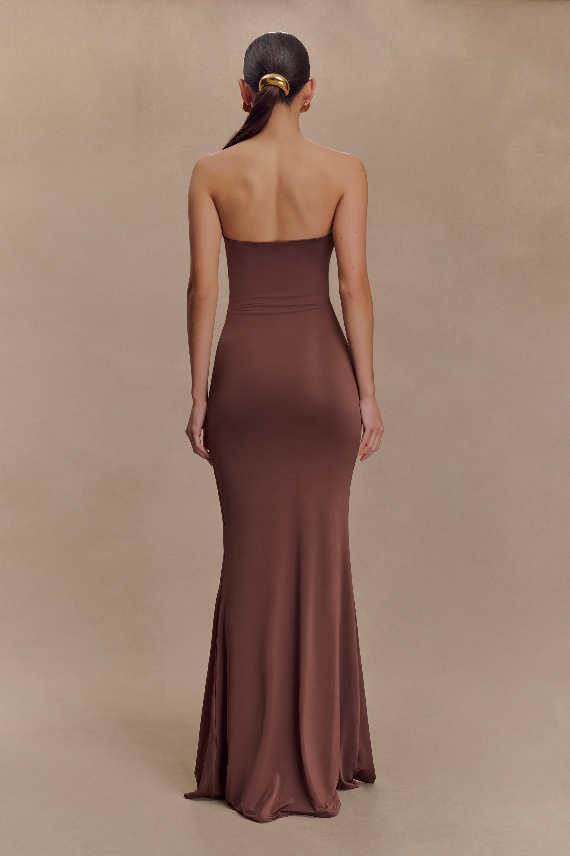 Madison Strapless Slinky Maxi Dress / Chocolate | MESHKI | XXS Madison Strapless Slinky Maxi Dress / Chocolate | MESHKI | XXS