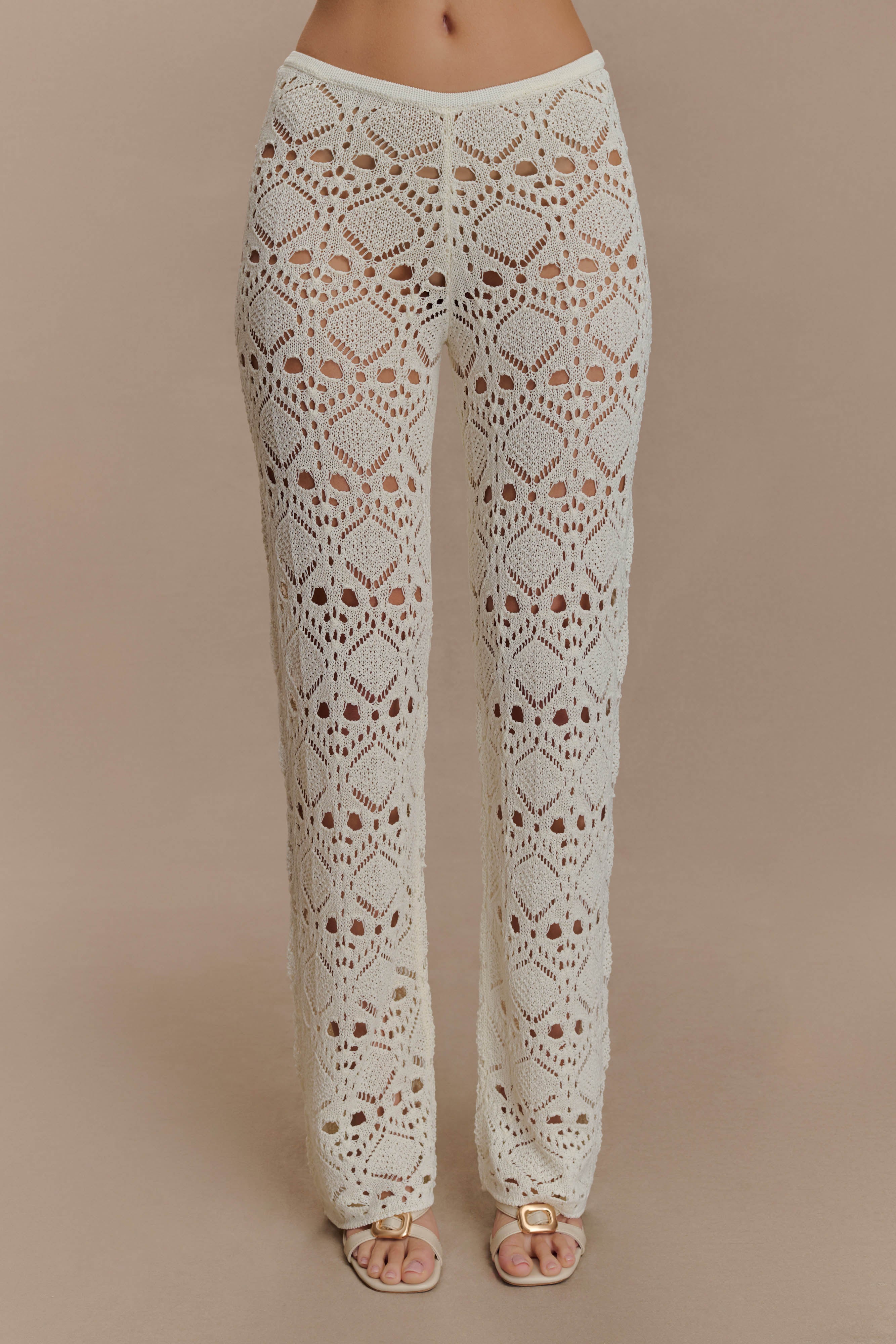 Trena Crochet Knit Pants - Ivory | MESHKI US