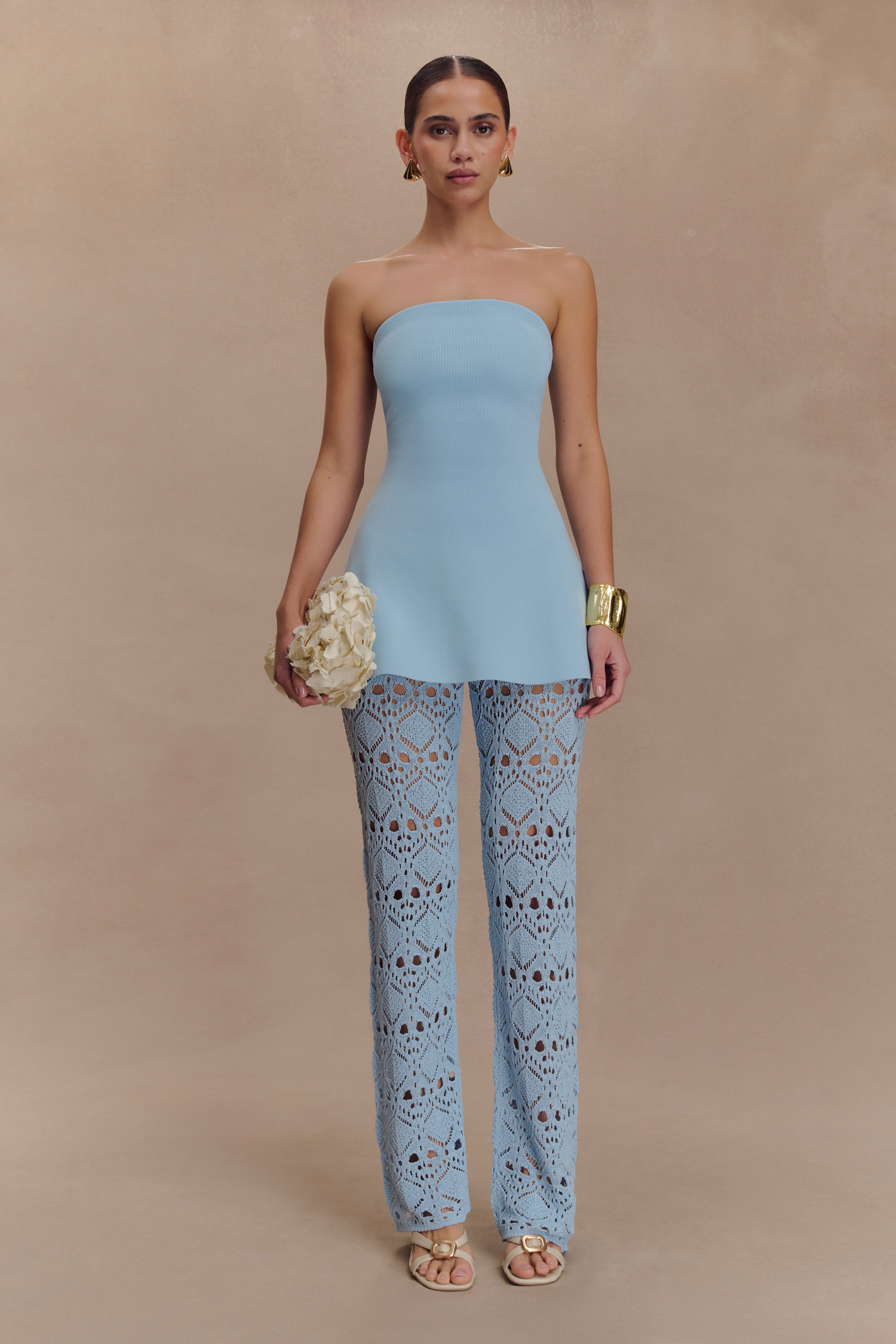 Anette Bandage Knit Strapless Top - Sky Blue | MESHKI US