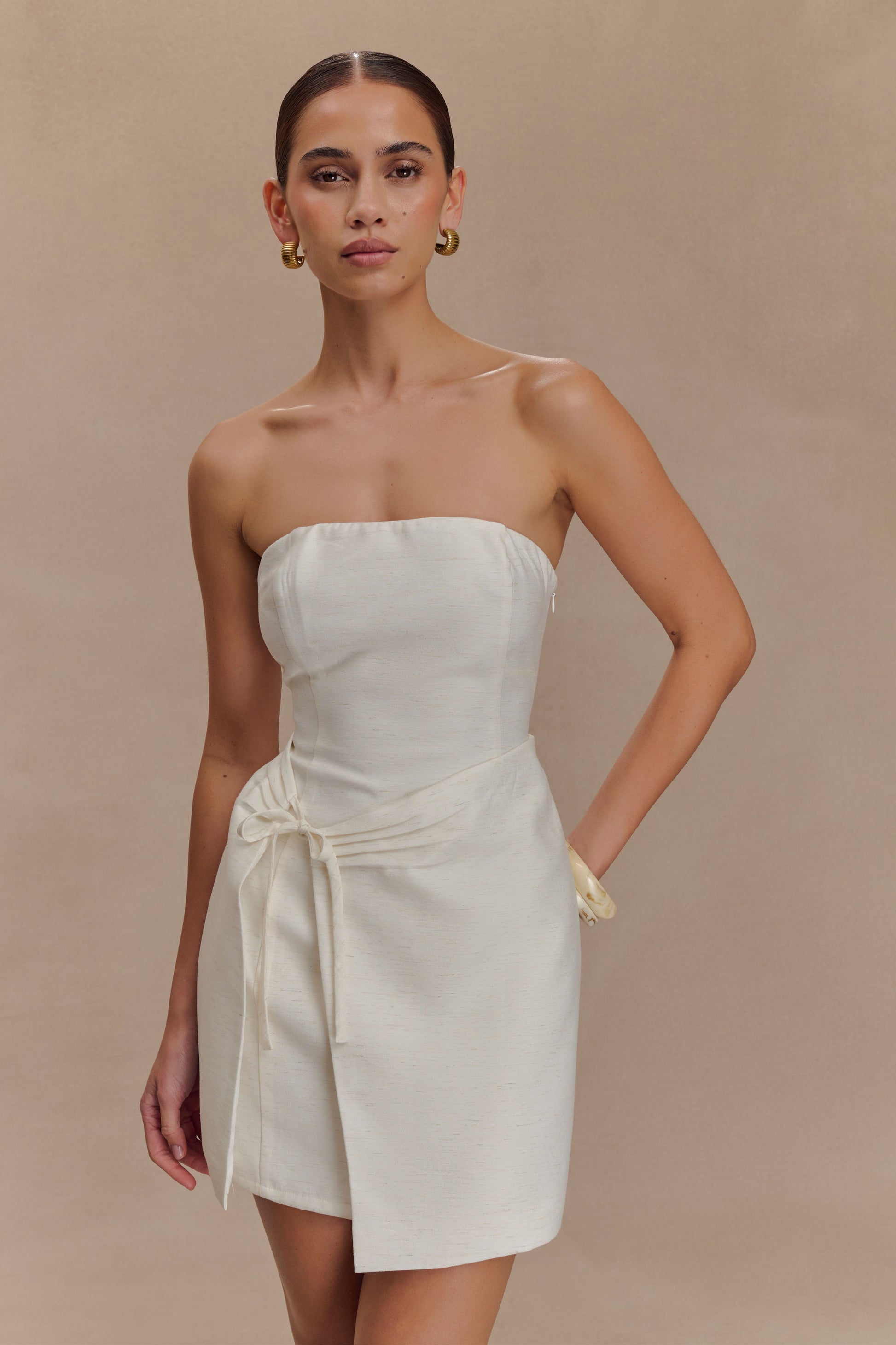 Steph Strapless Linen Mini Dress / White | MESHKI