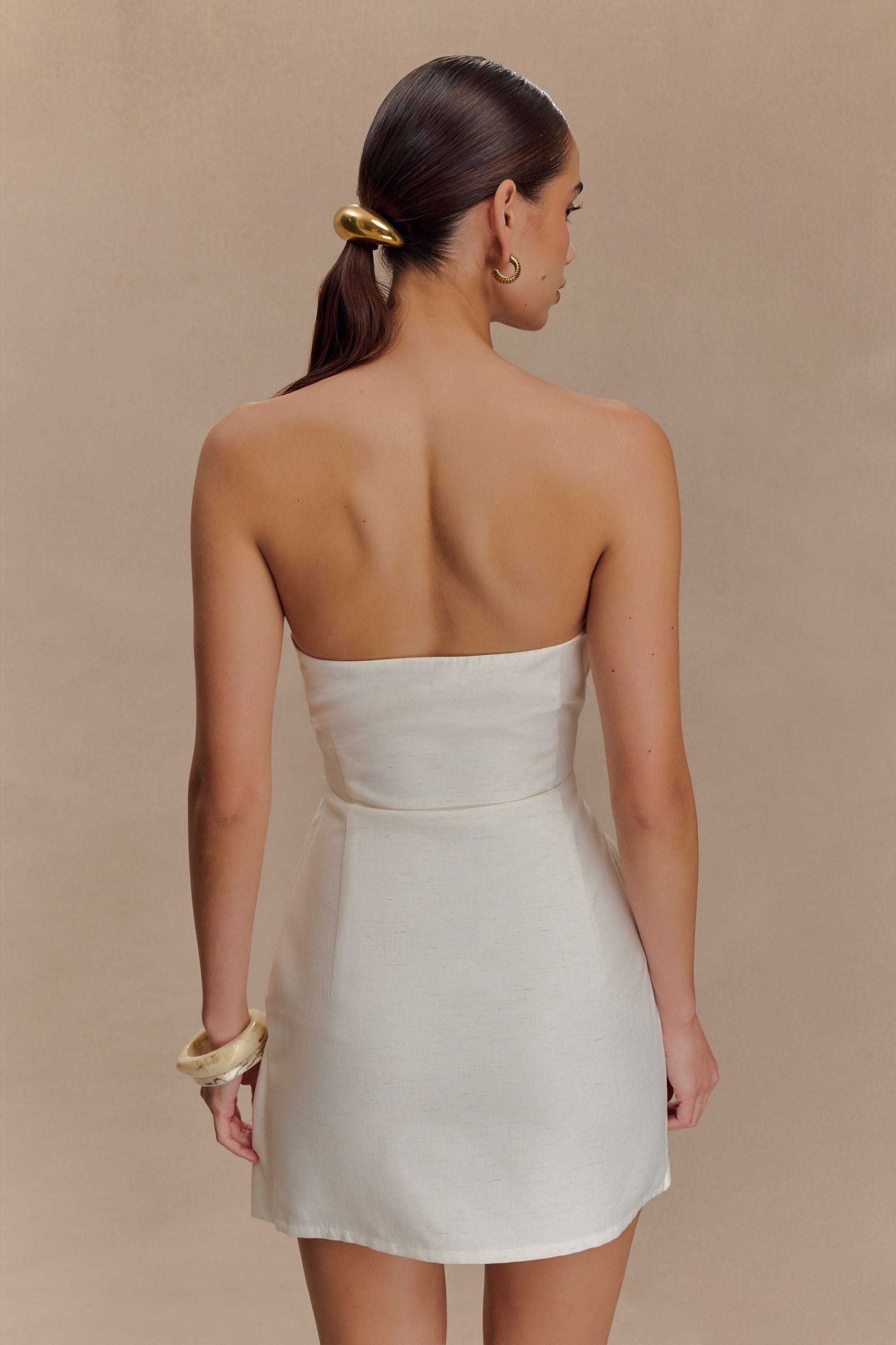 Steph Strapless Linen Mini Dress - White | MESHKI US Steph Strapless Linen Mini Dress - White | MESHKI US