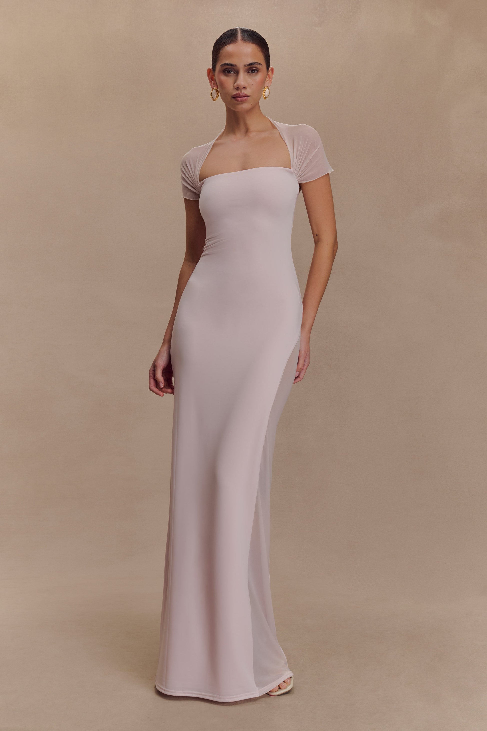 Wyatt Slinky And Mesh Maxi Dress - Pale Pink | MESHKI US Wyatt Slinky And Mesh Maxi Dress - Pale Pink | MESHKI US