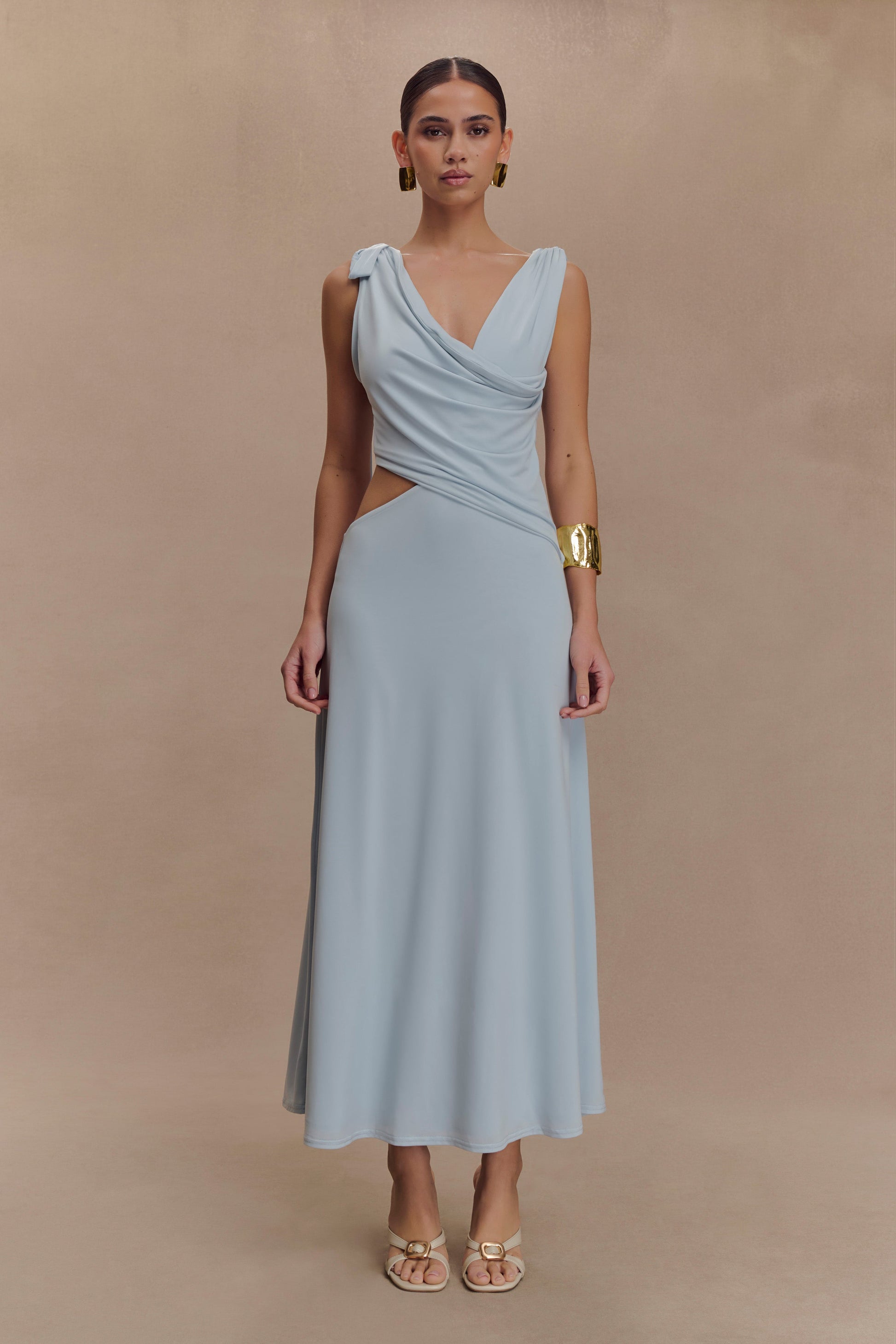 Raleigh Asymmetrical Slinky Midi Dress / Pale Blue | MESHKI | S Raleigh Asymmetrical Slinky Midi Dress / Pale Blue | MESHKI | S