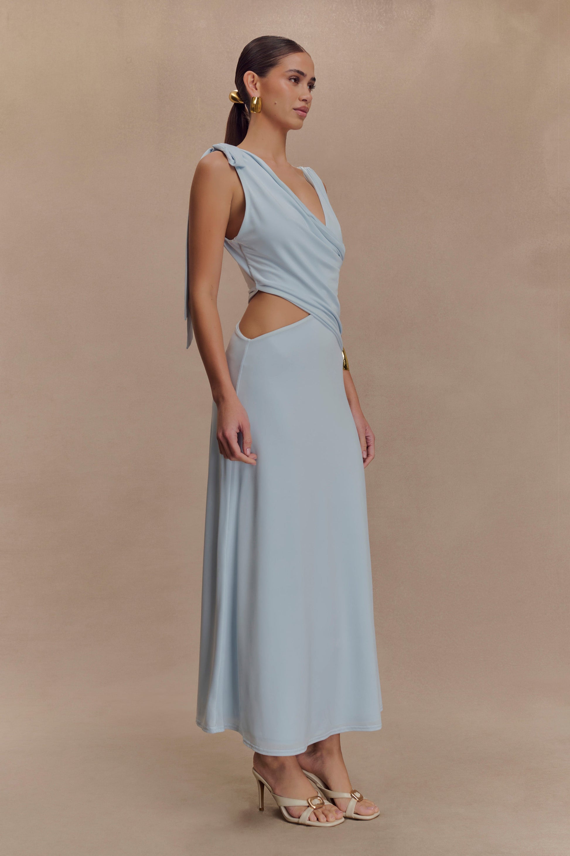 Raleigh Asymmetrical Slinky Midi Dress / Pale Blue | MESHKI | S Raleigh Asymmetrical Slinky Midi Dress / Pale Blue | MESHKI | S