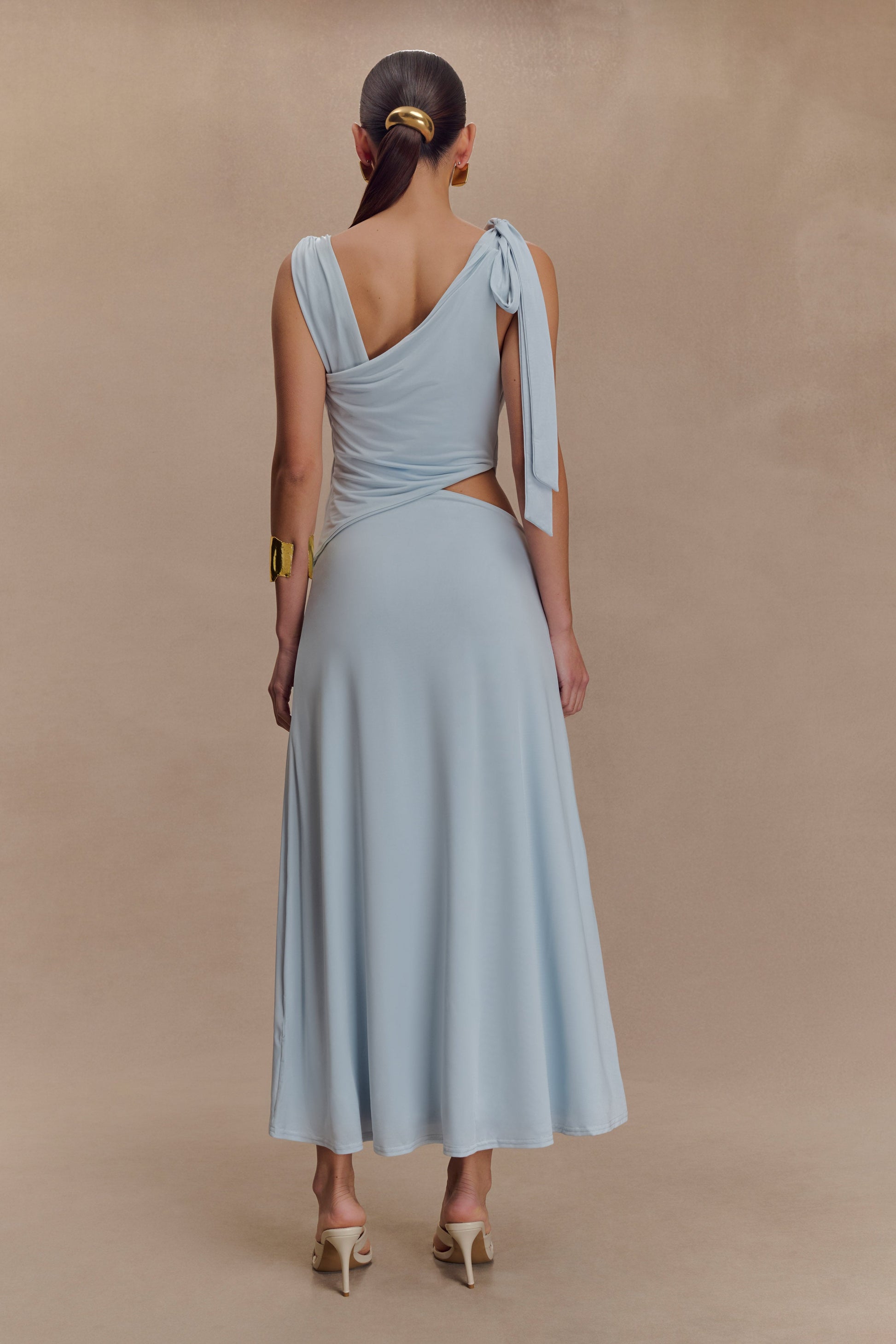 Raleigh Asymmetrical Slinky Midi Dress / Pale Blue | MESHKI | S Raleigh Asymmetrical Slinky Midi Dress / Pale Blue | MESHKI | S