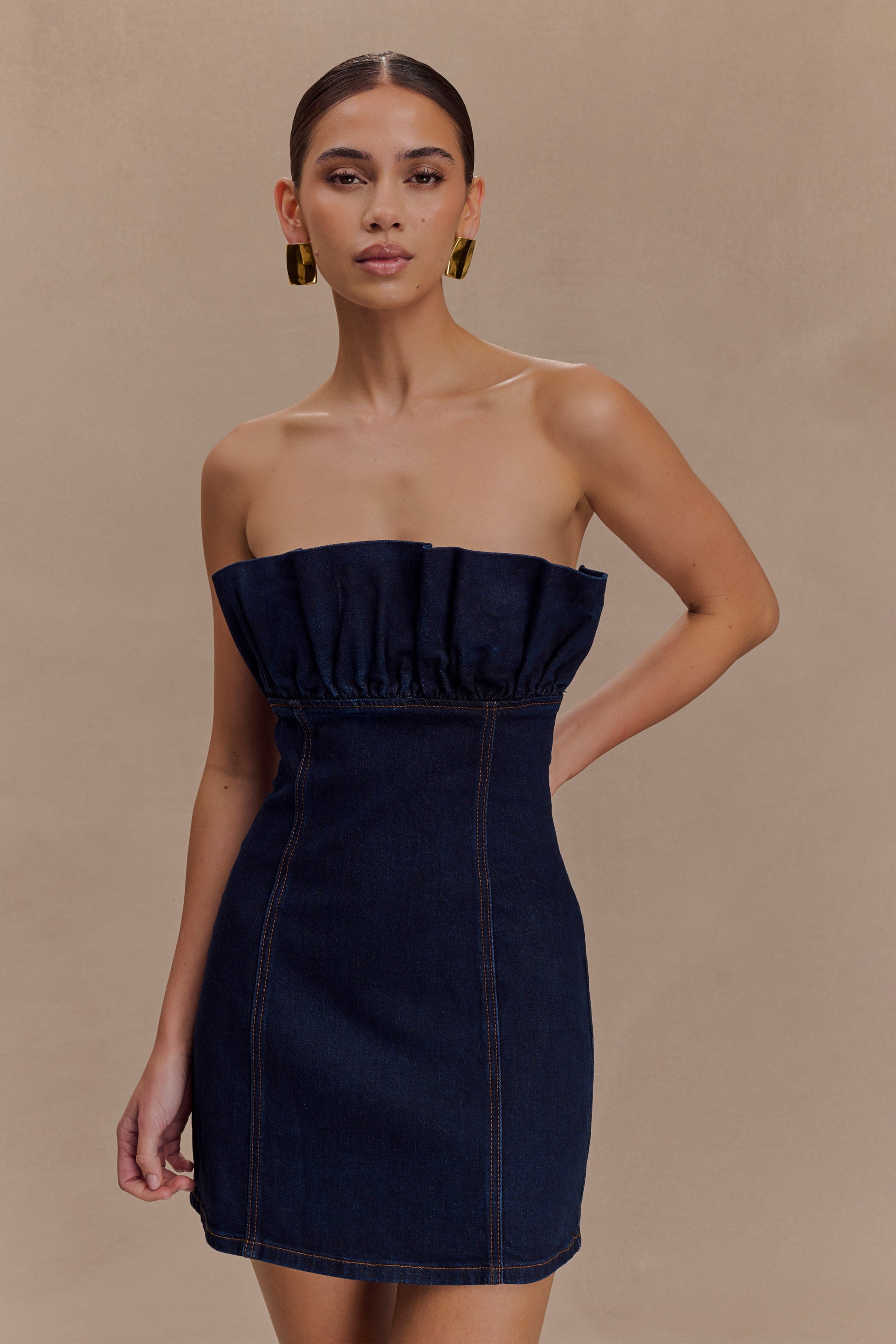 Raesha Frill Denim Mini Dress - Indigo Blue | MESHKI US Raesha Frill Denim Mini Dress - Indigo Blue | MESHKI US