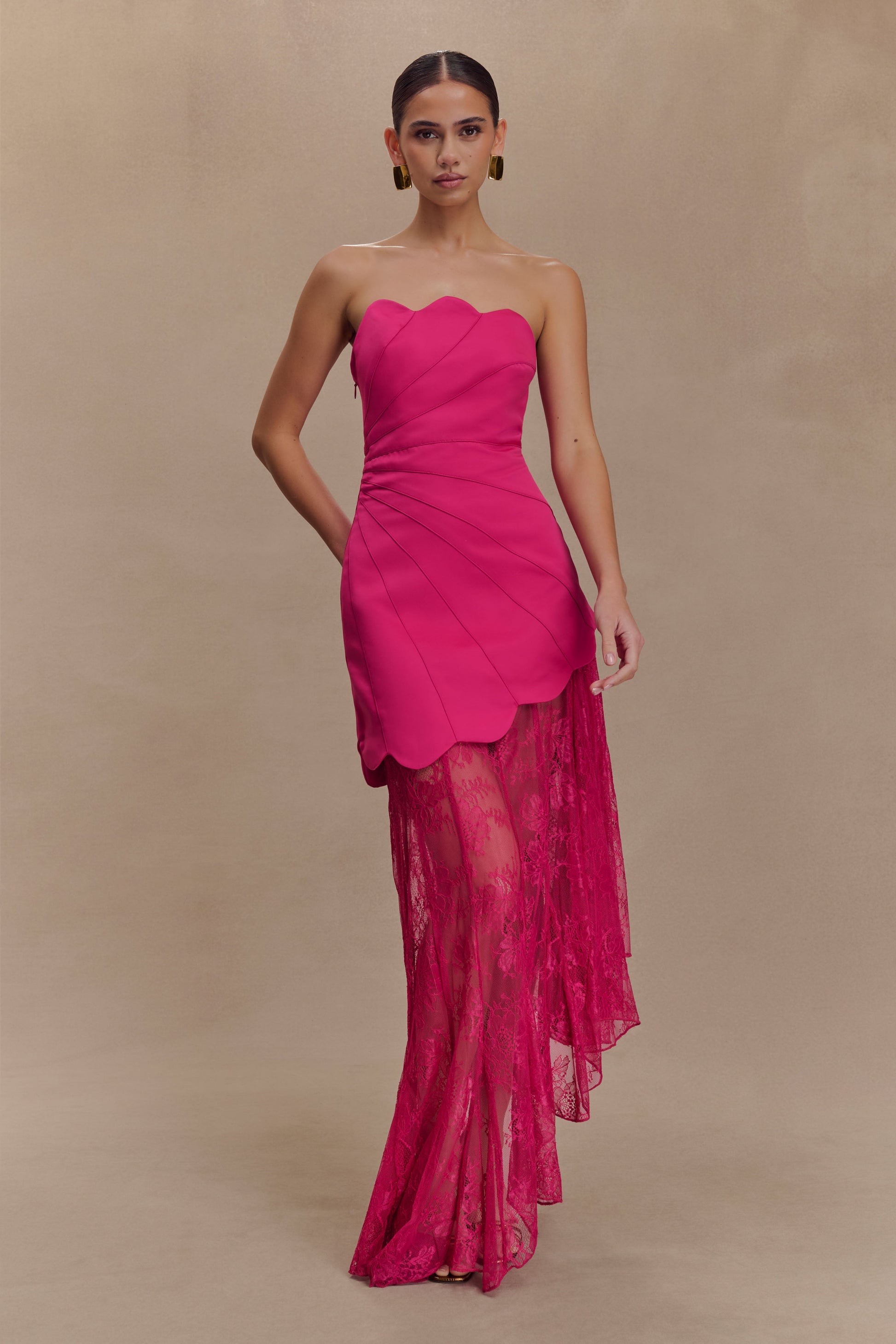 Aleena Satin And Lace Maxi Dress - Dragonfruit | MESHKI US Aleena Satin And Lace Maxi Dress - Dragonfruit | MESHKI US