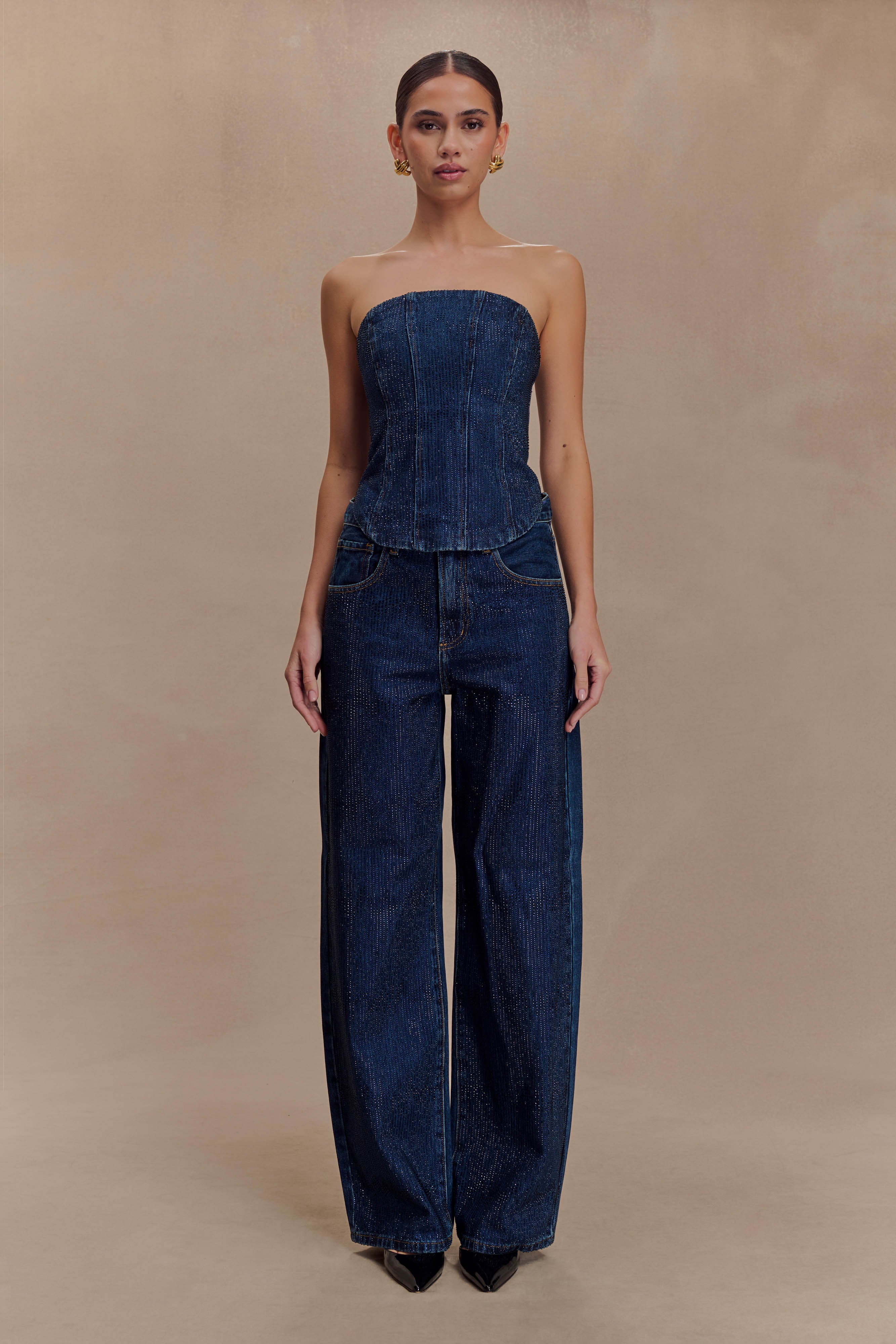 Laina Mid Rise Diamante Denim Jeans - Midnight Blue | MESHKI US