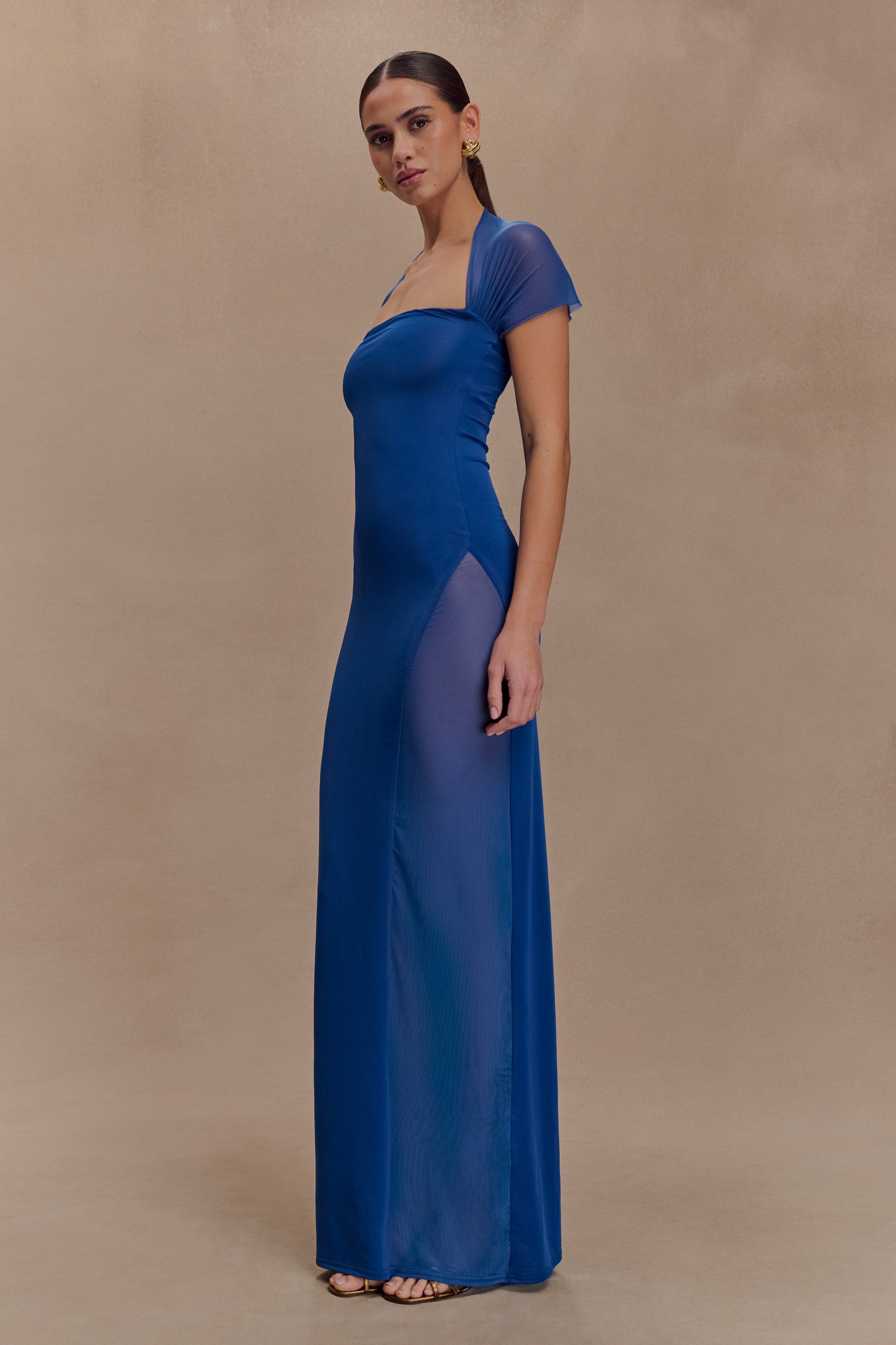 Wyatt Slinky And Mesh Maxi Dress - Cobalt Blue | MESHKI US Wyatt Slinky And Mesh Maxi Dress - Cobalt Blue | MESHKI US