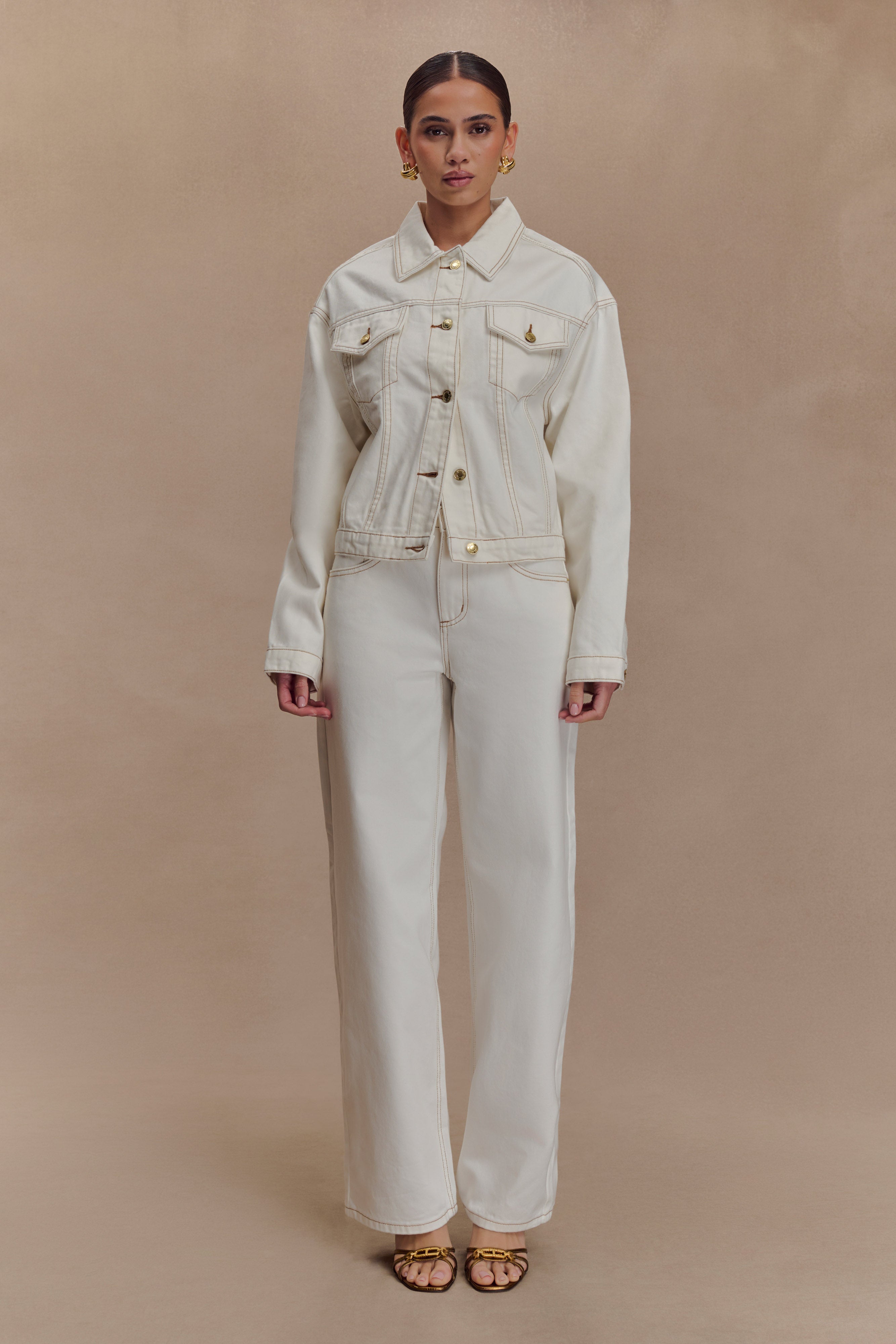 Kirra Cinched Denim Jacket - White | MESHKI US