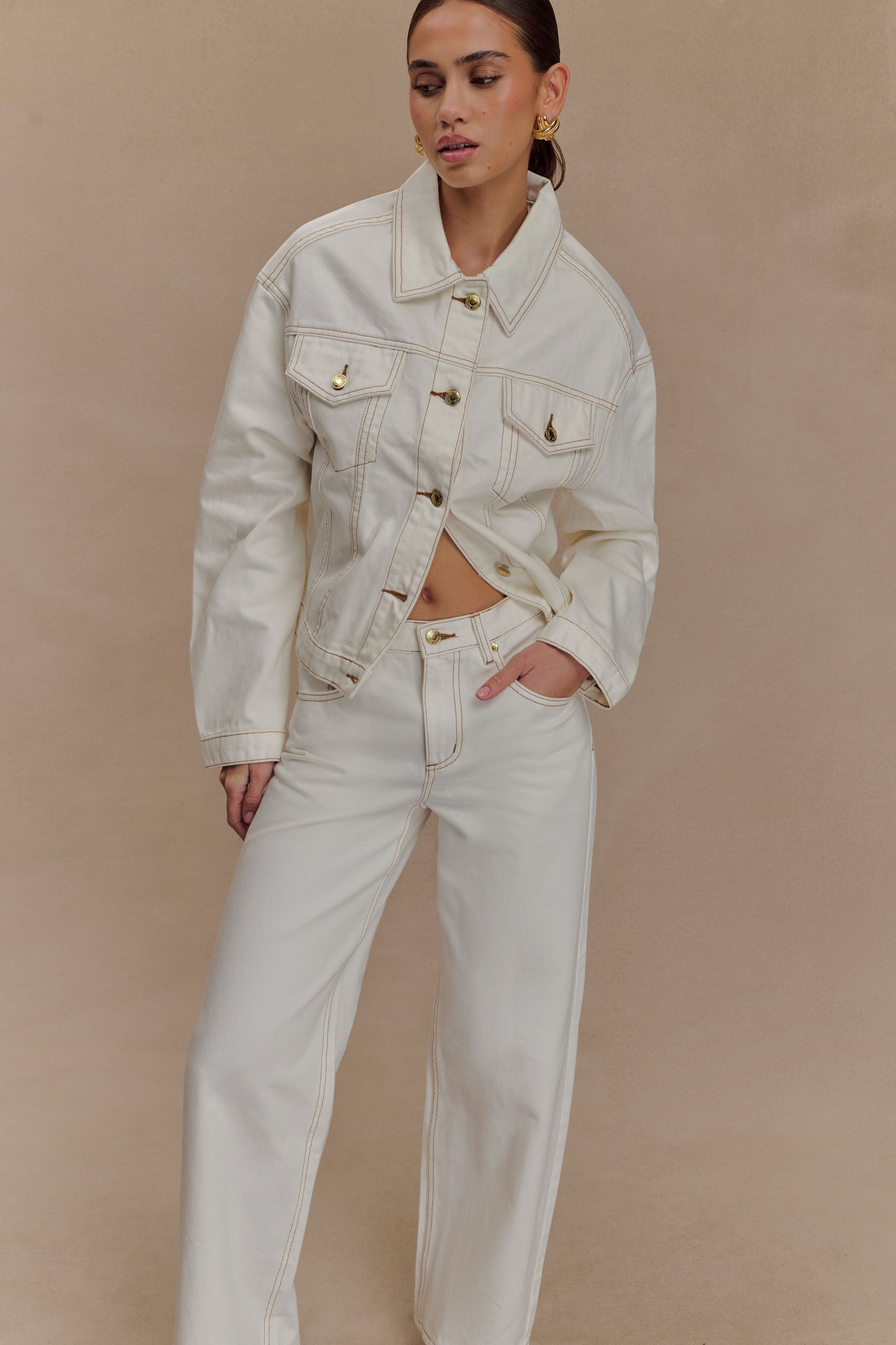 Kirra Cinched Denim Jacket / White | MESHKI Kirra Cinched Denim Jacket / White | MESHKI