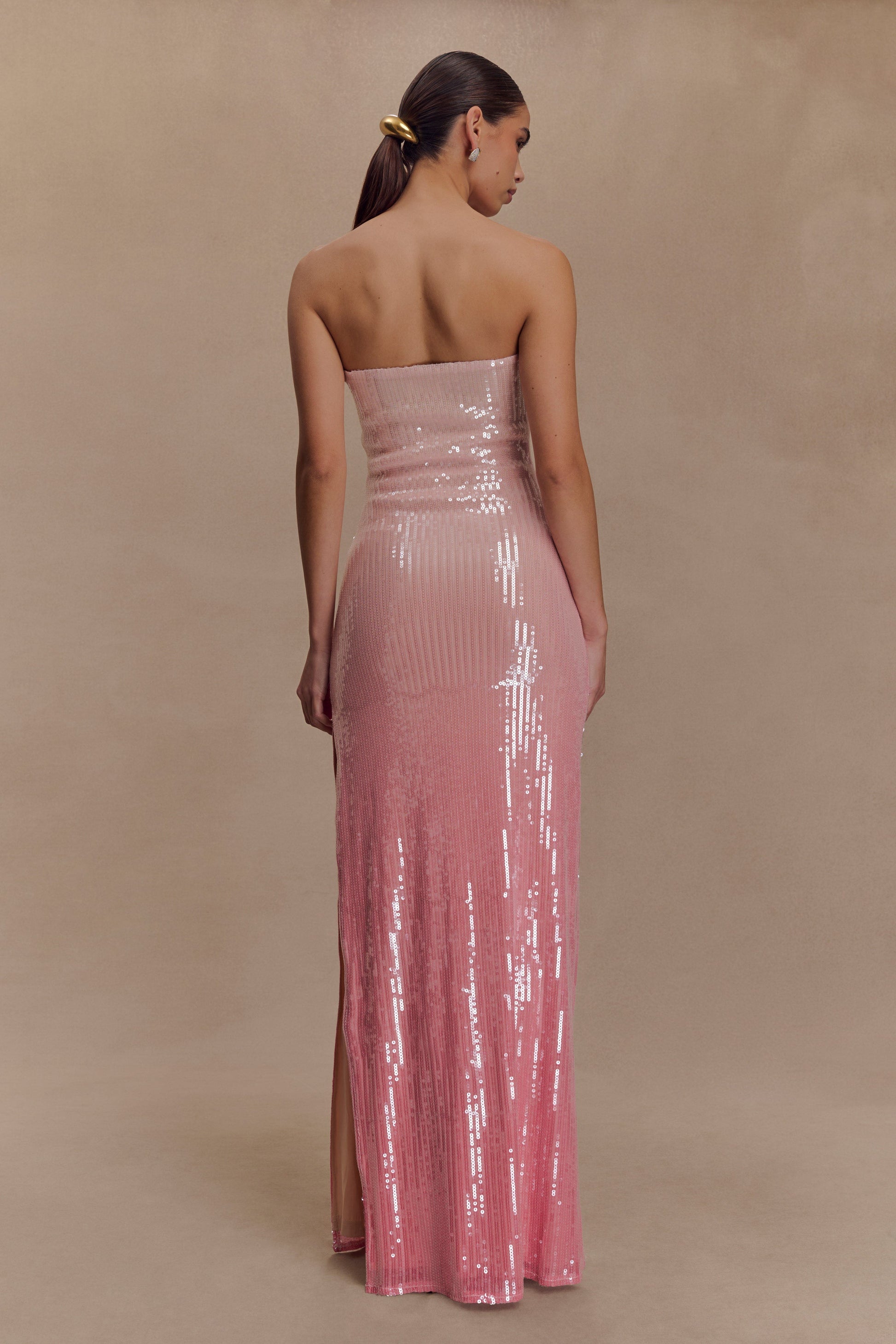 meshki pink shimmer dress Ayeshya Slinky Asymmetric Maxi Dress