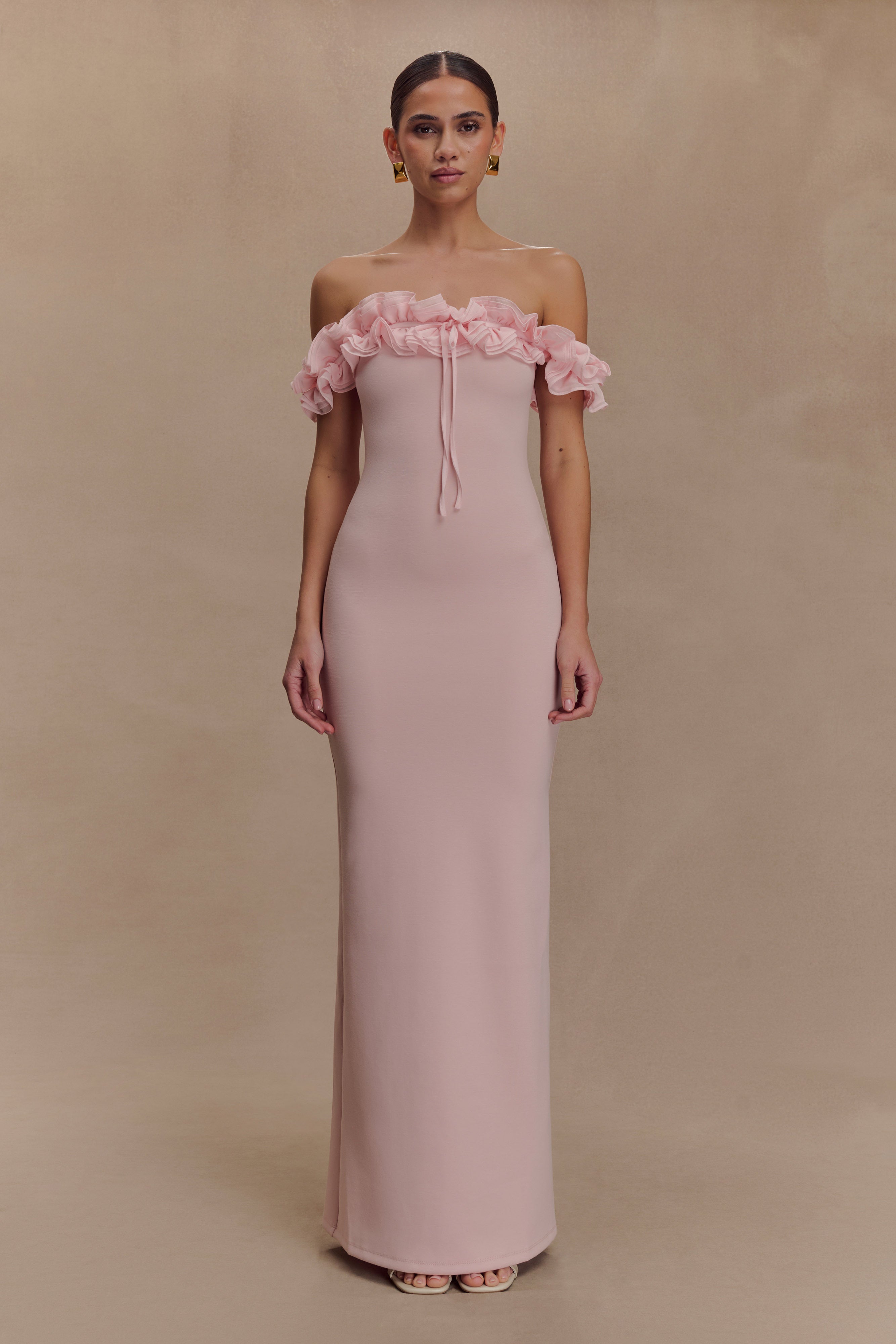 Nova Ruffle Off Shoulder Maxi Dress - Ballet Pink | MESHKI US