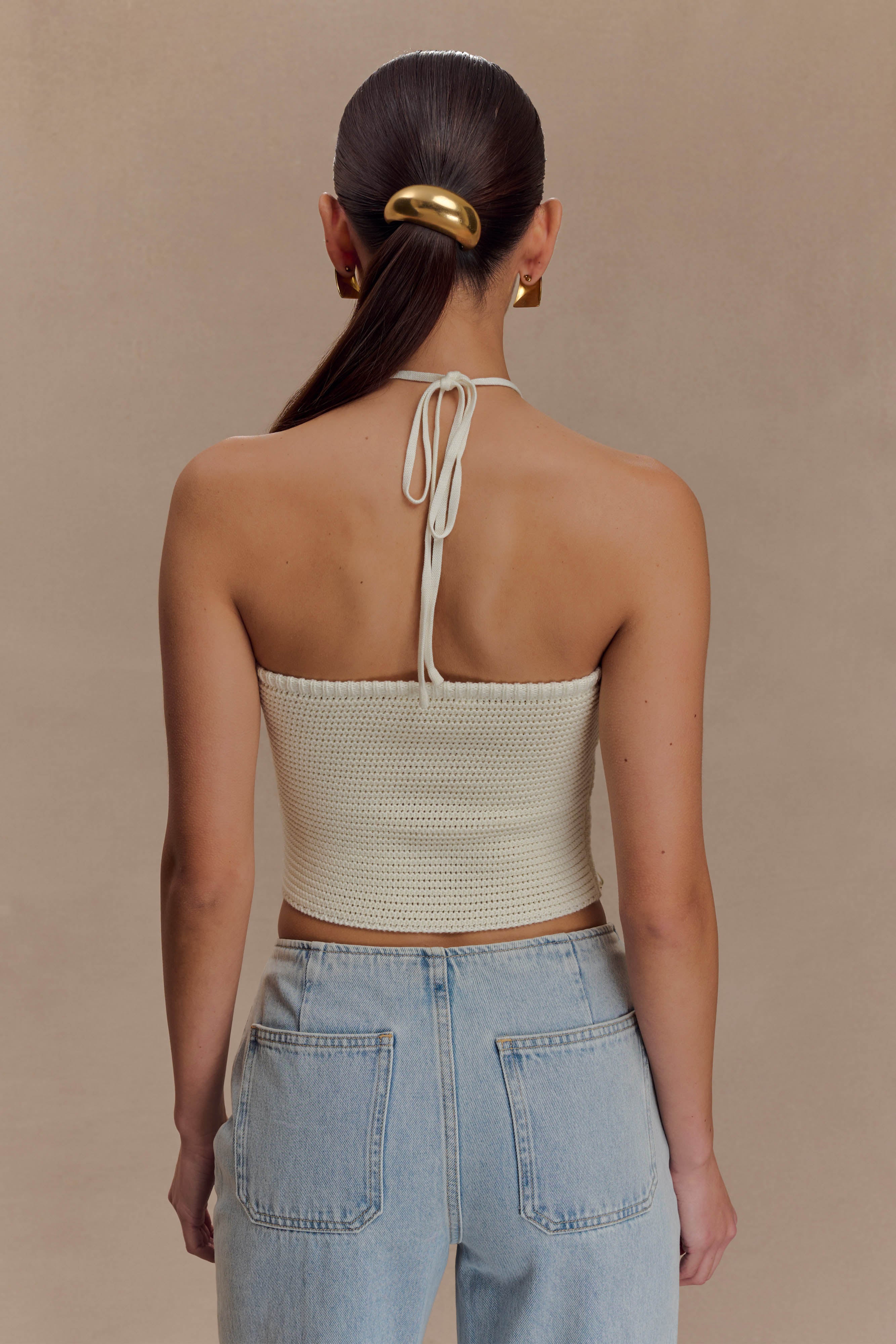 Aletta Knit Pearl Halter Top - Ivory | MESHKI US