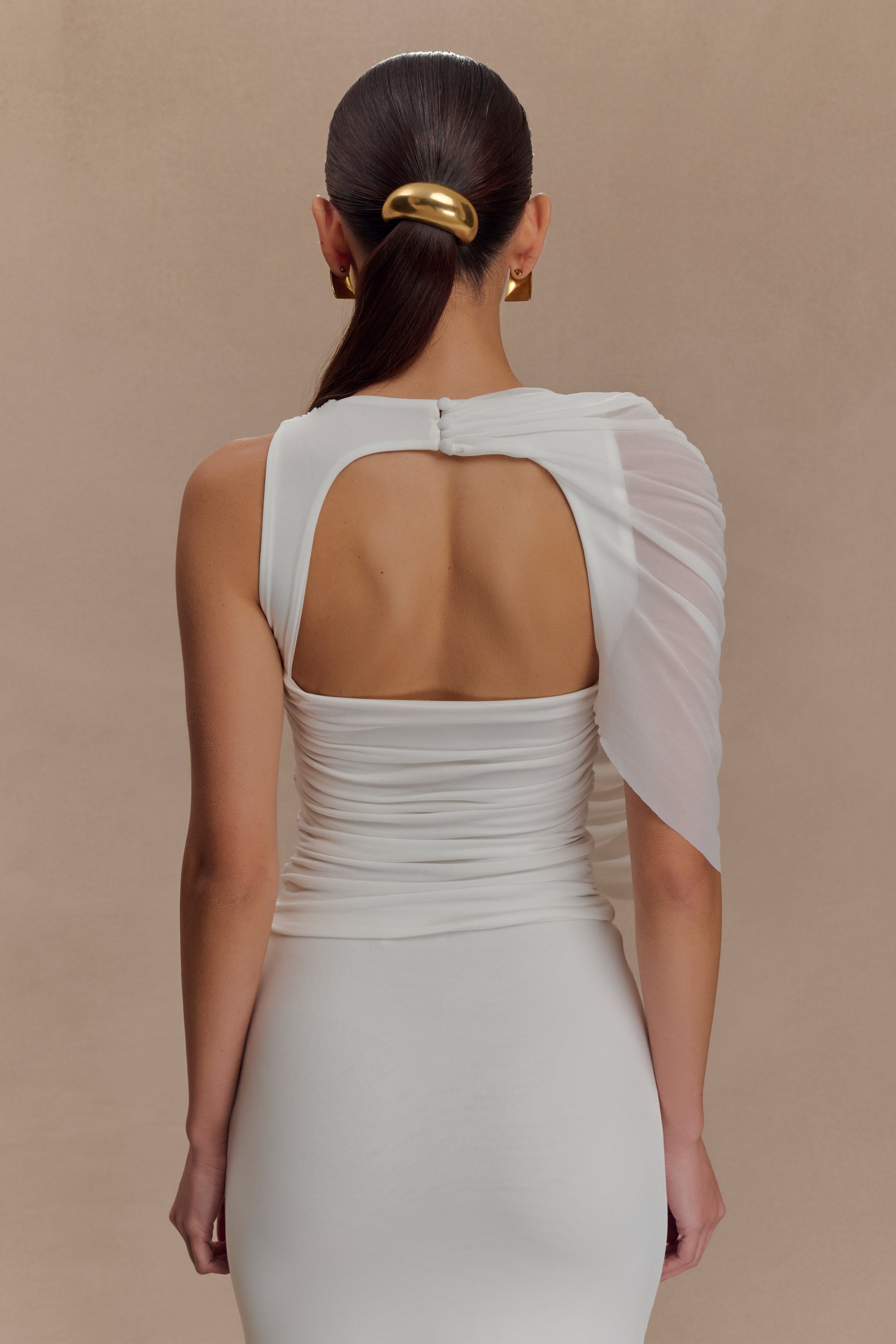 Pruedance Slinky Draped Top With Mesh Overlay / White | MESHKI Pruedance Slinky Draped Top With Mesh Overlay / White | MESHKI