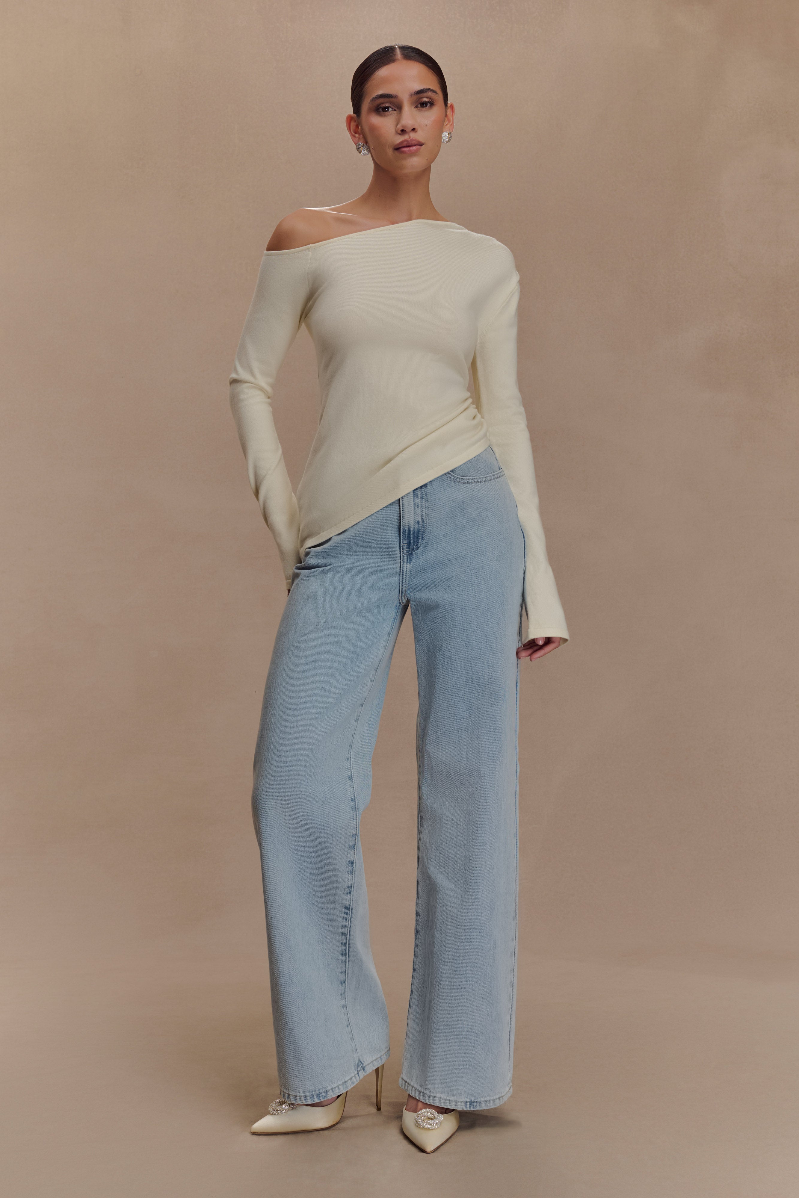 Miles Off Shoulder Knit Top - Ivory | MESHKI US