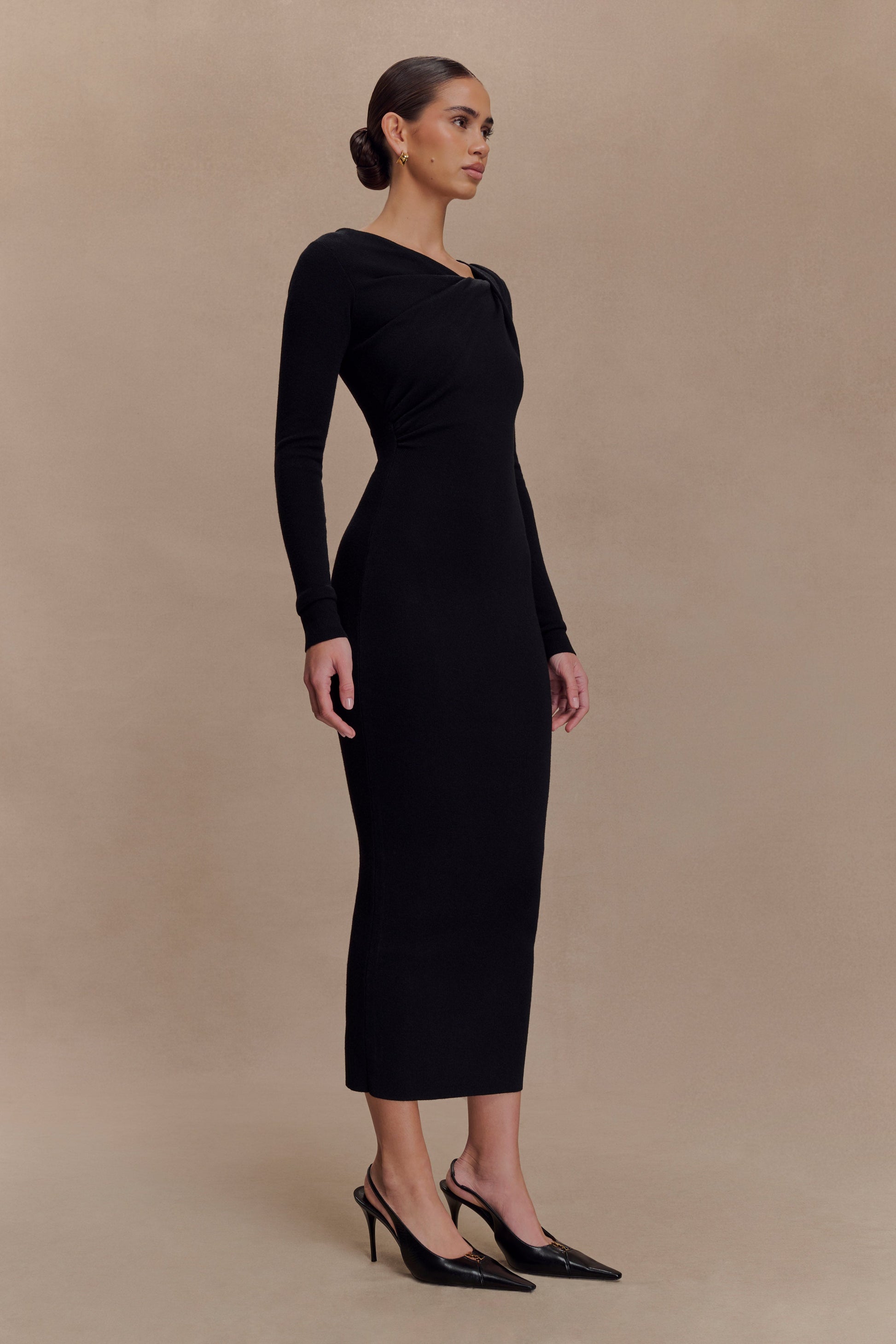 Culver Draped Twist Knit Midi Dress - Black | MESHKI US Culver Draped Twist Knit Midi Dress - Black | MESHKI US