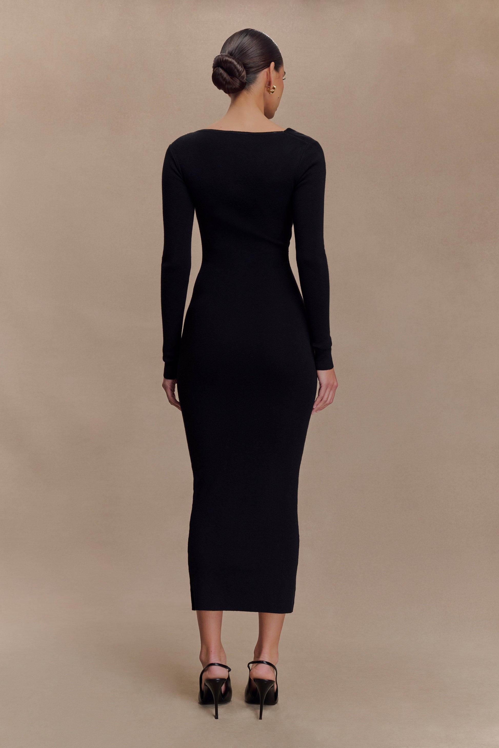 Culver Draped Twist Knit Midi Dress - Black | MESHKI US Culver Draped Twist Knit Midi Dress - Black | MESHKI US
