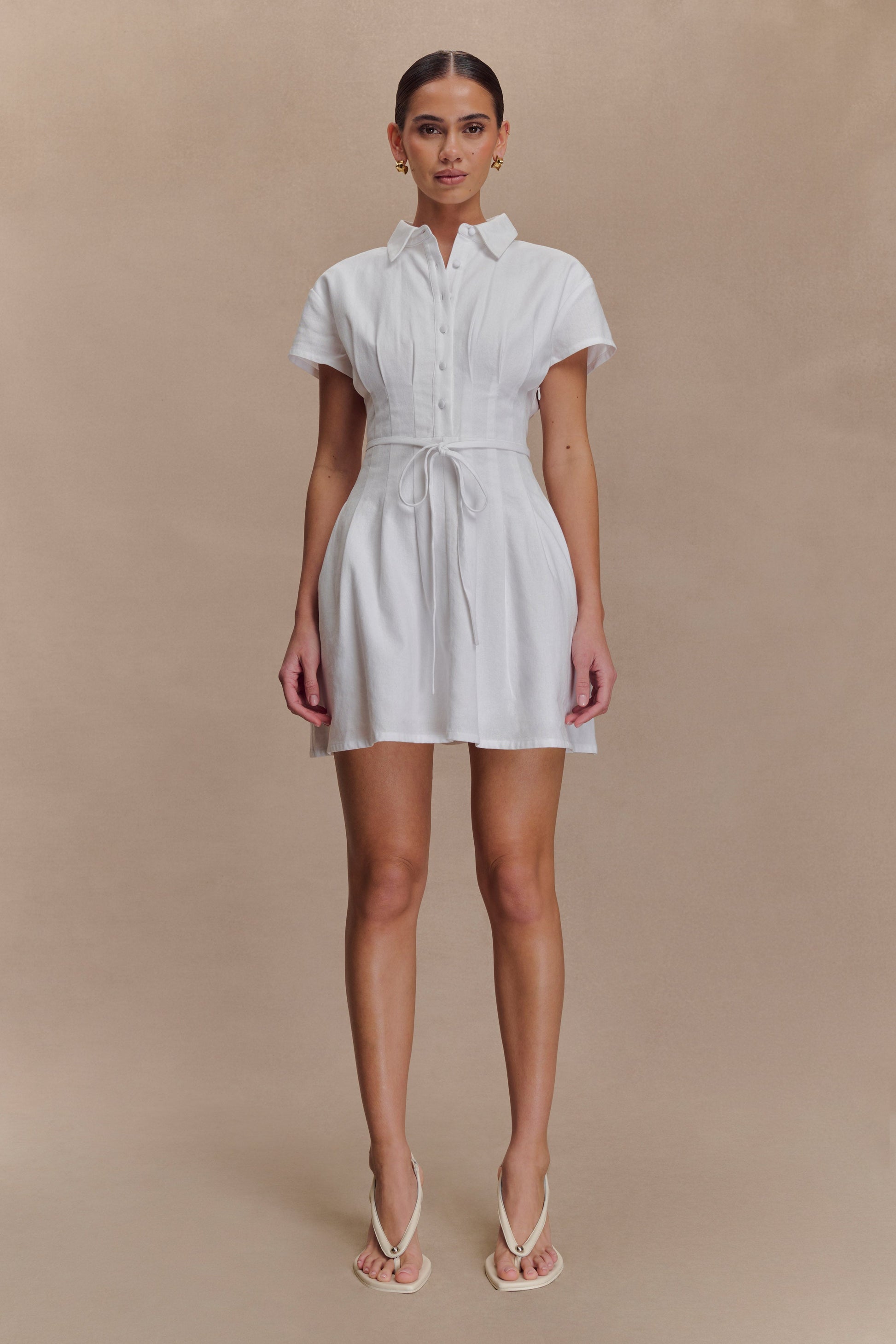 Aysha Buttoned Linen Mini Dress / White | MESHKI | S Aysha Buttoned Linen Mini Dress / White | MESHKI | S