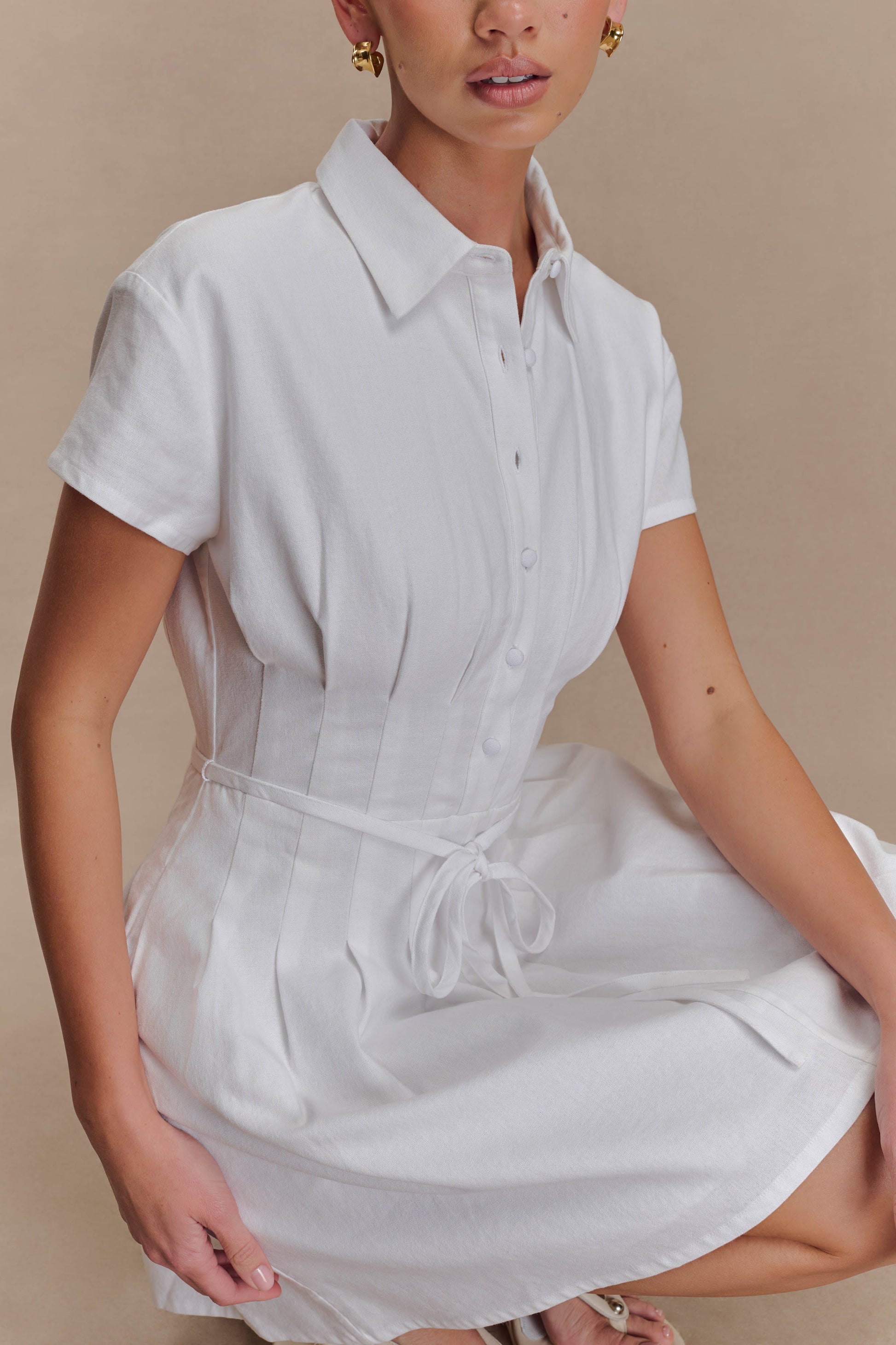 Aysha Buttoned Linen Mini Dress - White | MESHKI US Aysha Buttoned Linen Mini Dress - White | MESHKI US