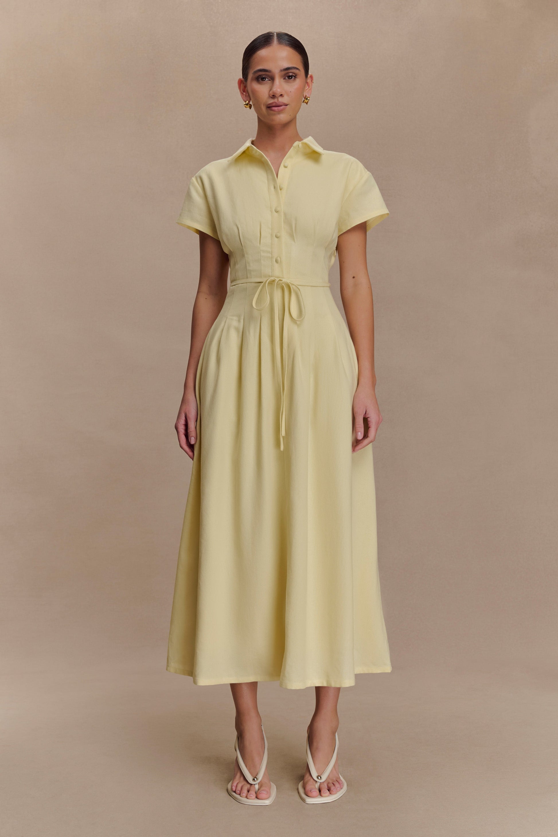 Aysha Buttoned Linen Midi Dress / Lemon | MESHKI