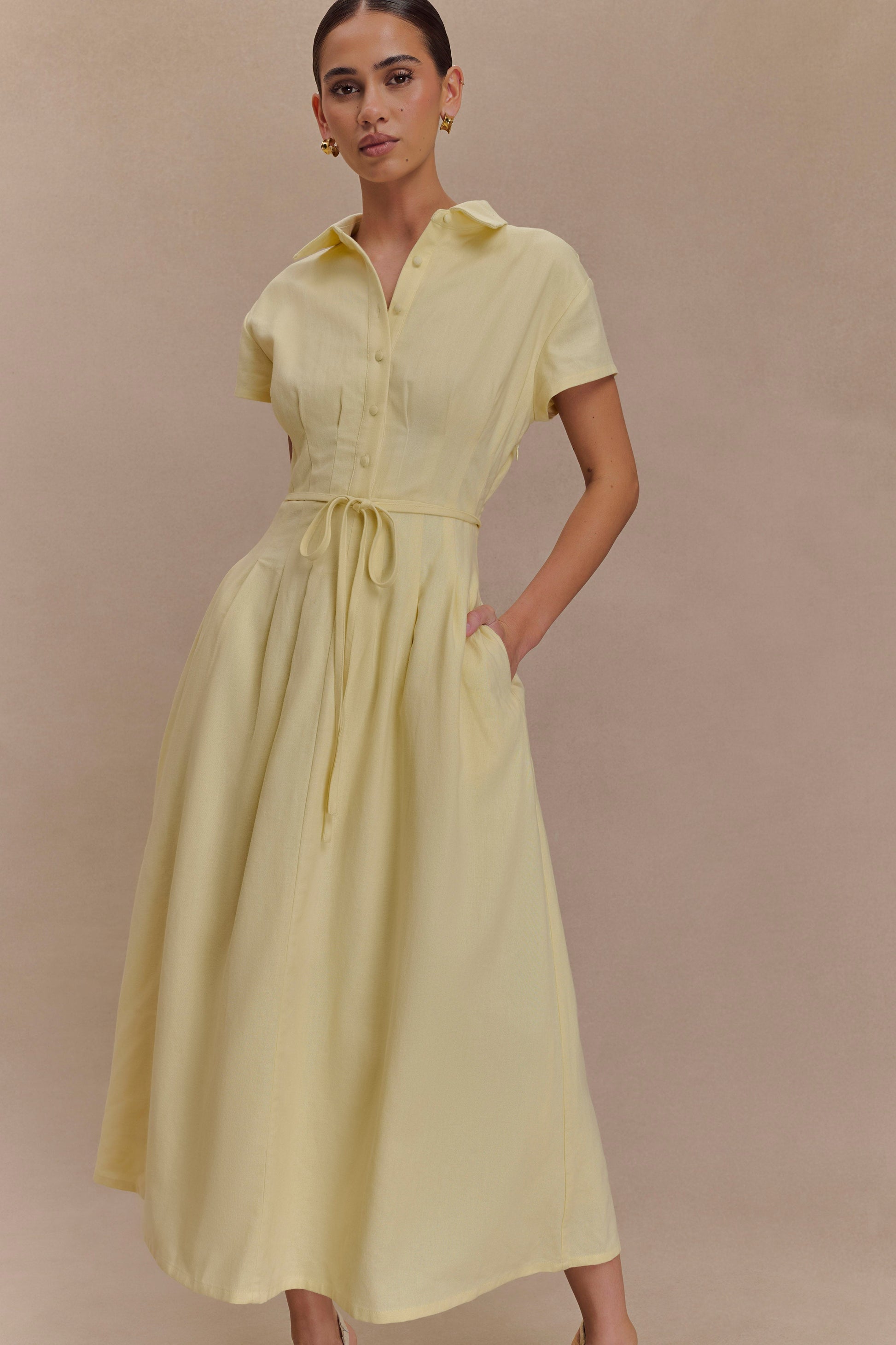 Aysha Buttoned Linen Midi Dress / Lemon | MESHKI | XS Aysha Buttoned Linen Midi Dress / Lemon | MESHKI | XS