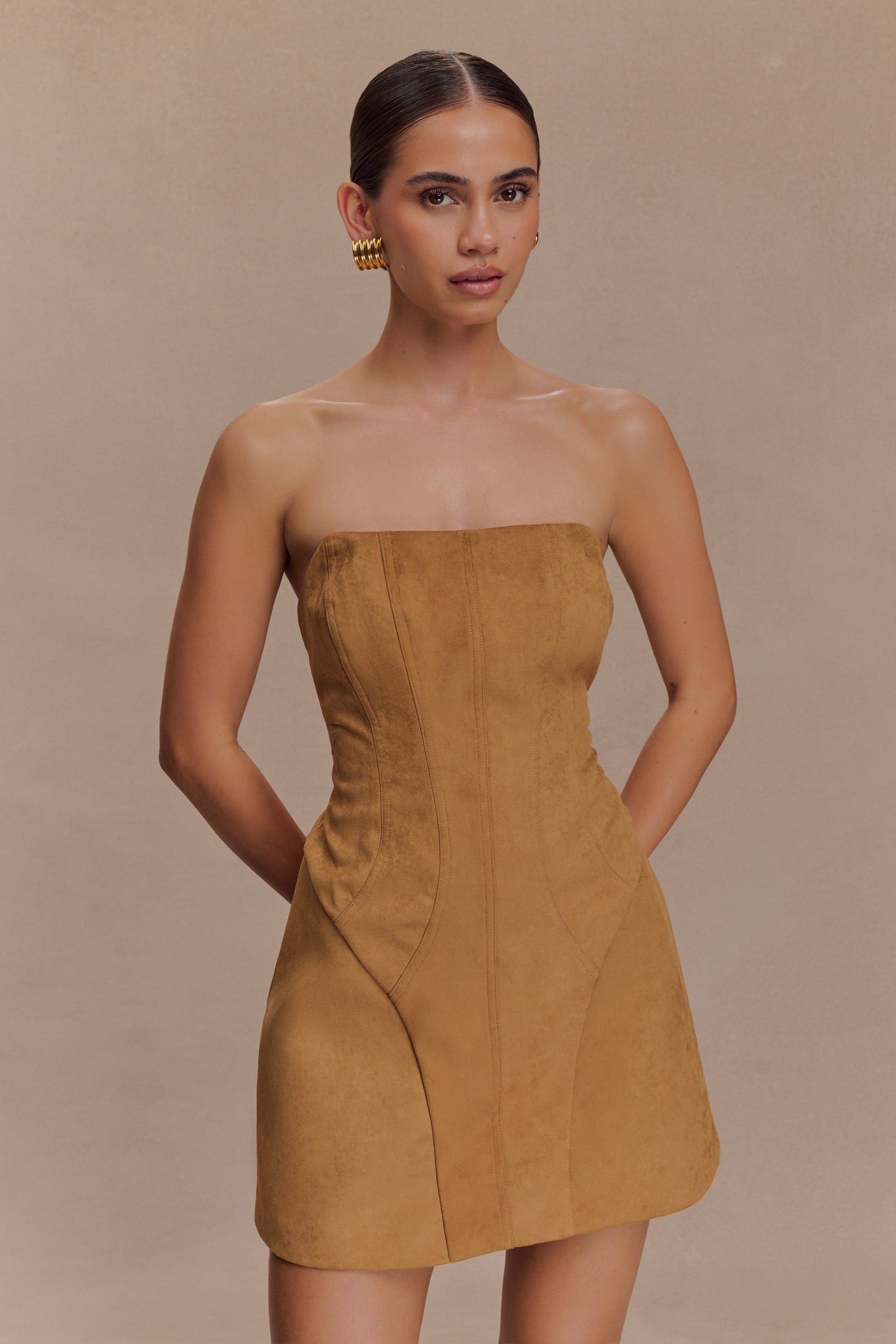 Andy Faux Suede Mini Dress - Camel | MESHKI US Andy Faux Suede Mini Dress - Camel | MESHKI US