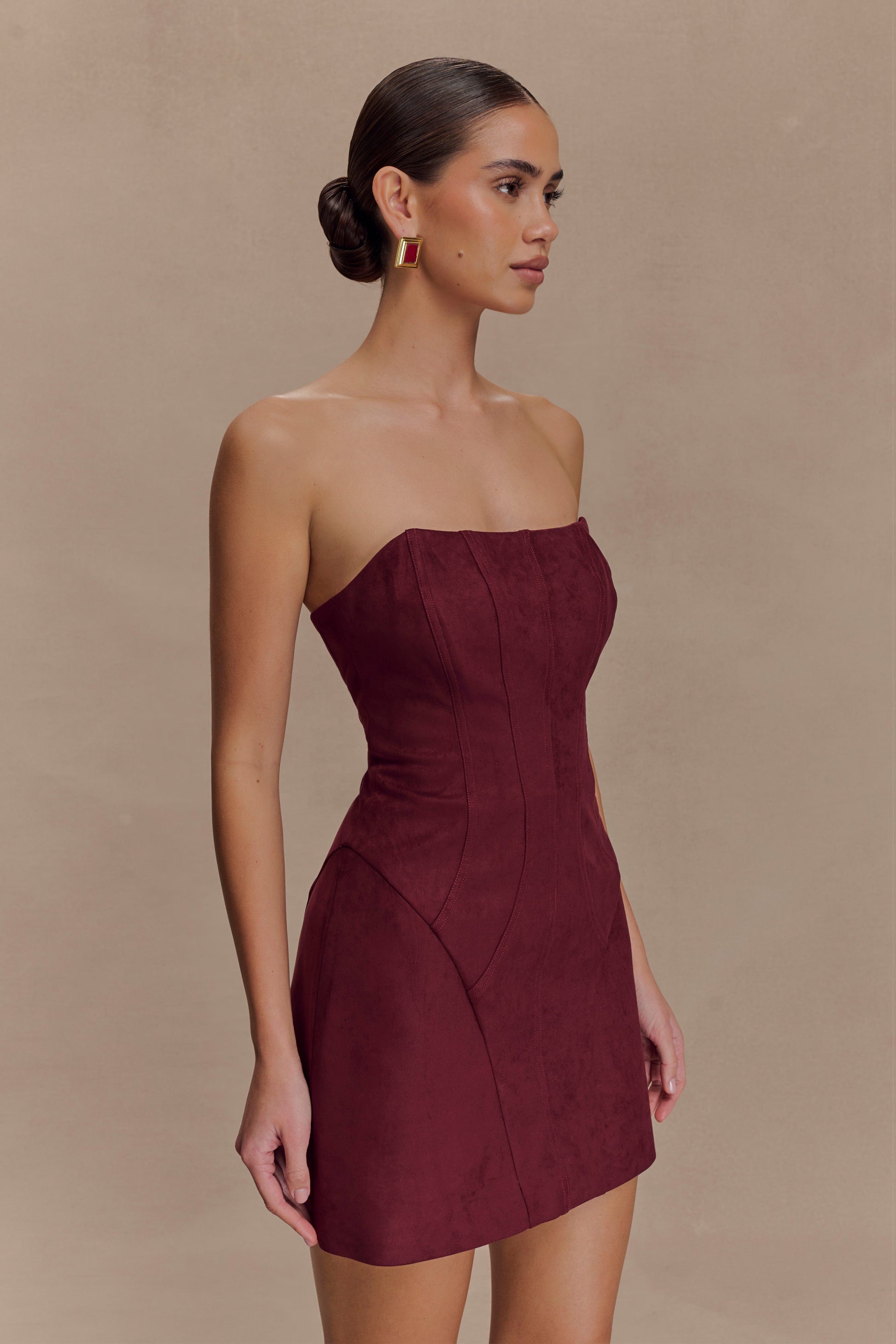 Umenlele Women's Bodycon Faux Suede Mini Skirt - High Waist, Side Slit, Back Zipper, Wine Red, Medium