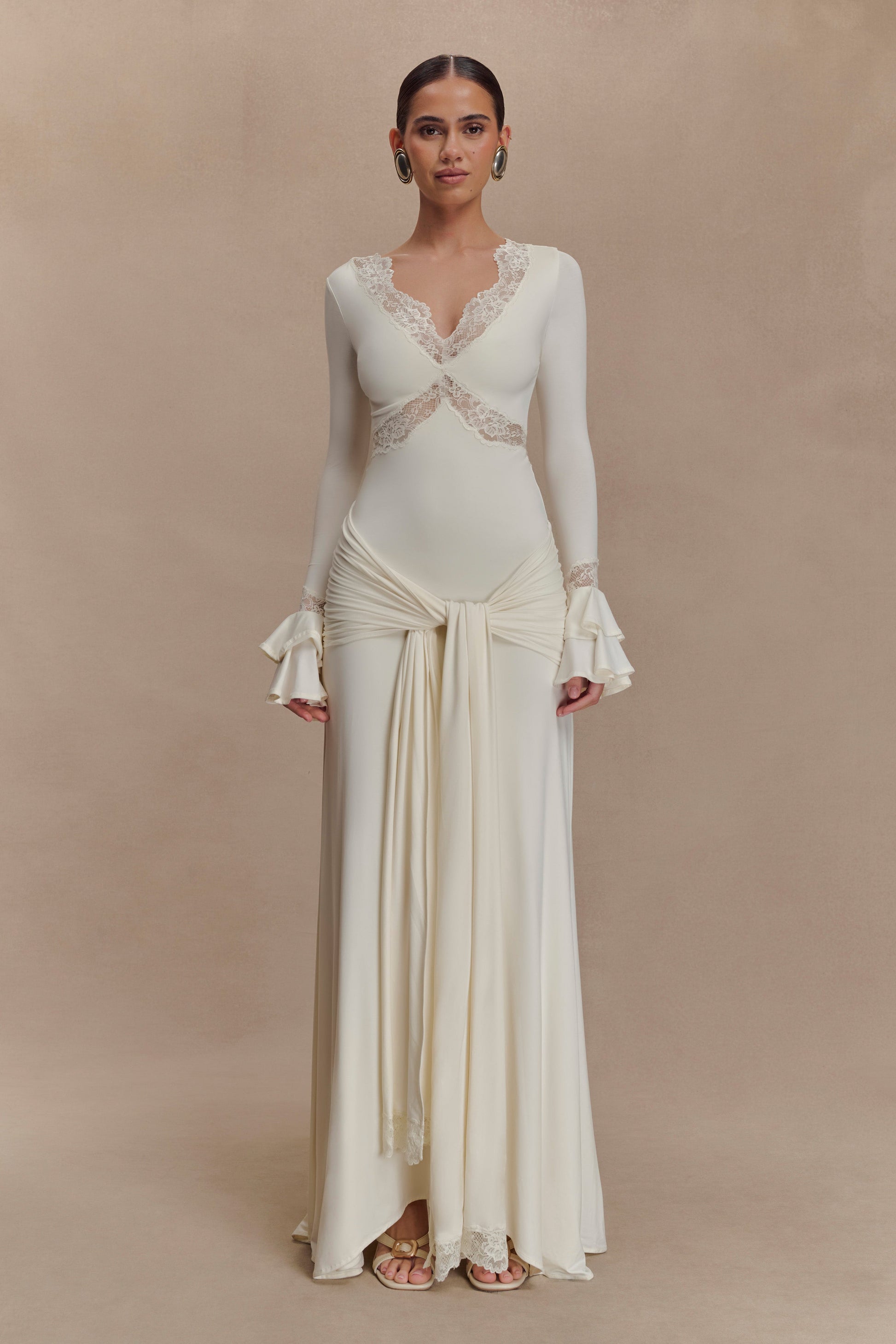 Electra Slinky Lace Maxi Dress - Ivory | MESHKI US Electra Slinky Lace Maxi Dress - Ivory | MESHKI US