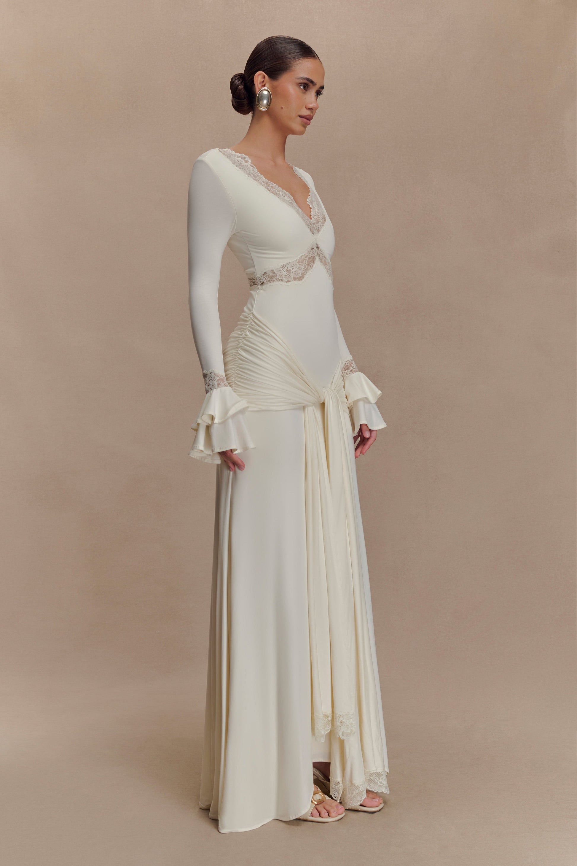 Electra Slinky Lace Maxi Dress - Ivory | MESHKI US Electra Slinky Lace Maxi Dress - Ivory | MESHKI US