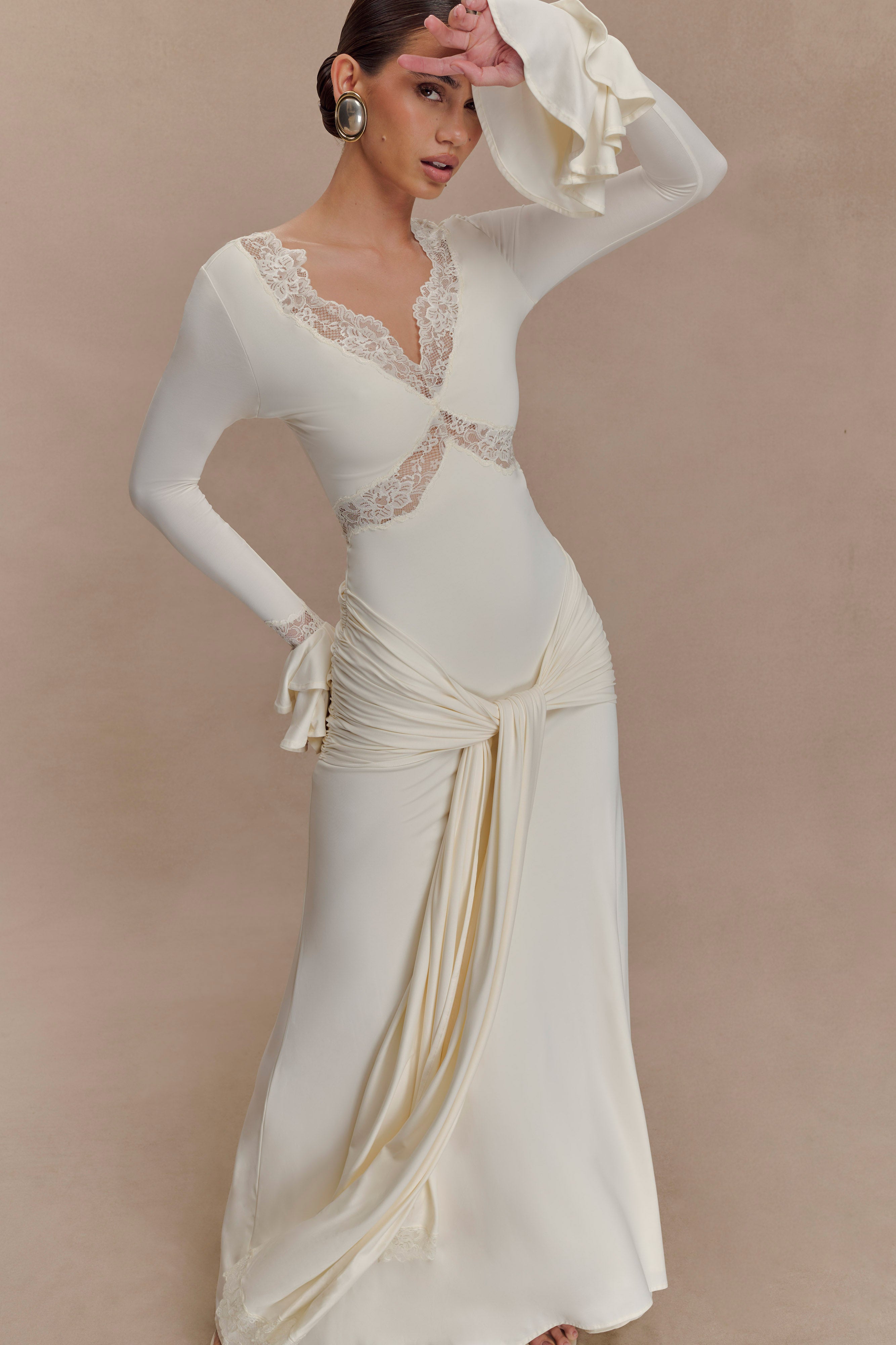 Electra Slinky Lace Maxi Dress - Ivory | MESHKI US