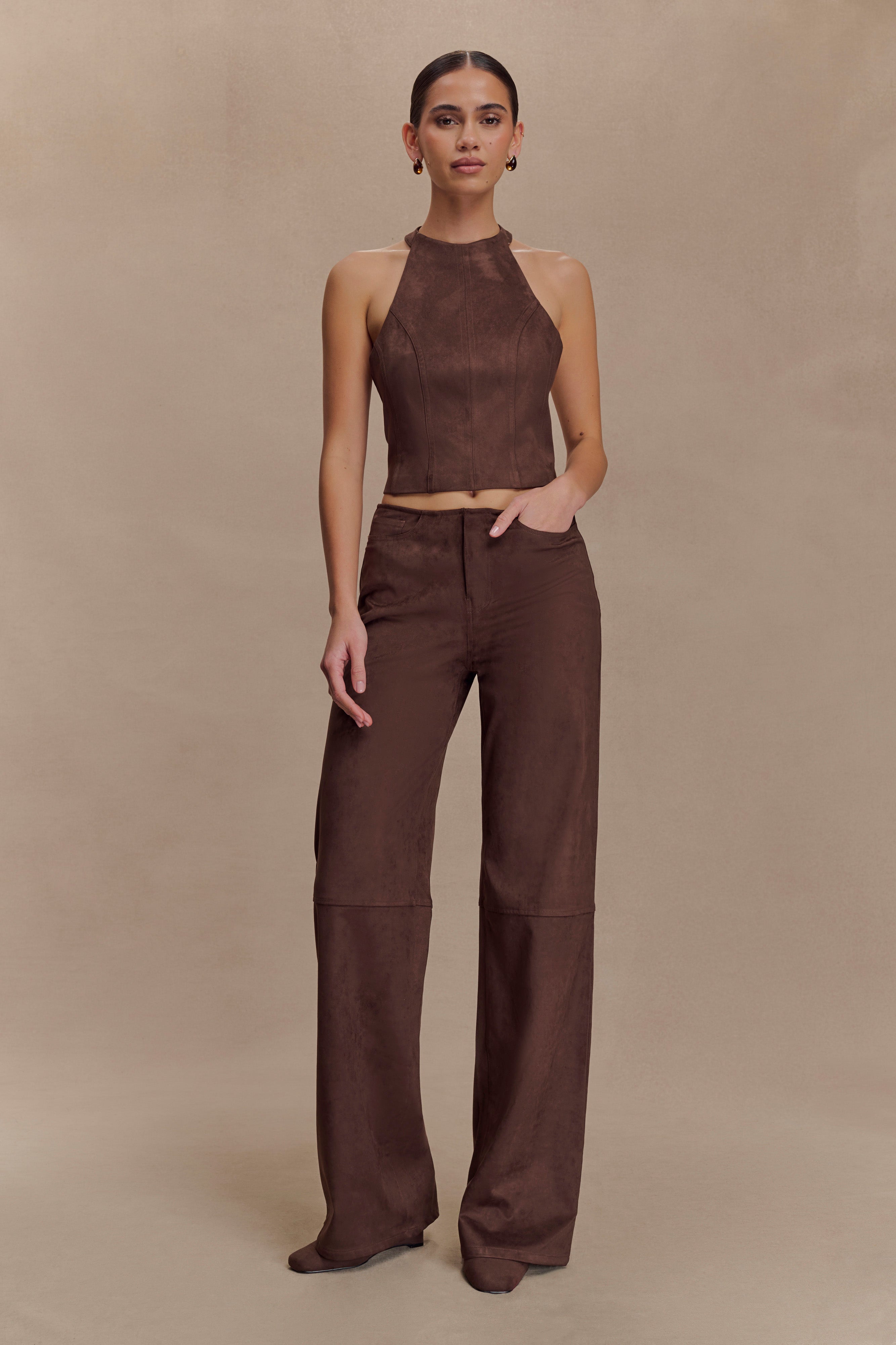 Logan Faux Suede Pants - Dark Chocolate | MESHKI US