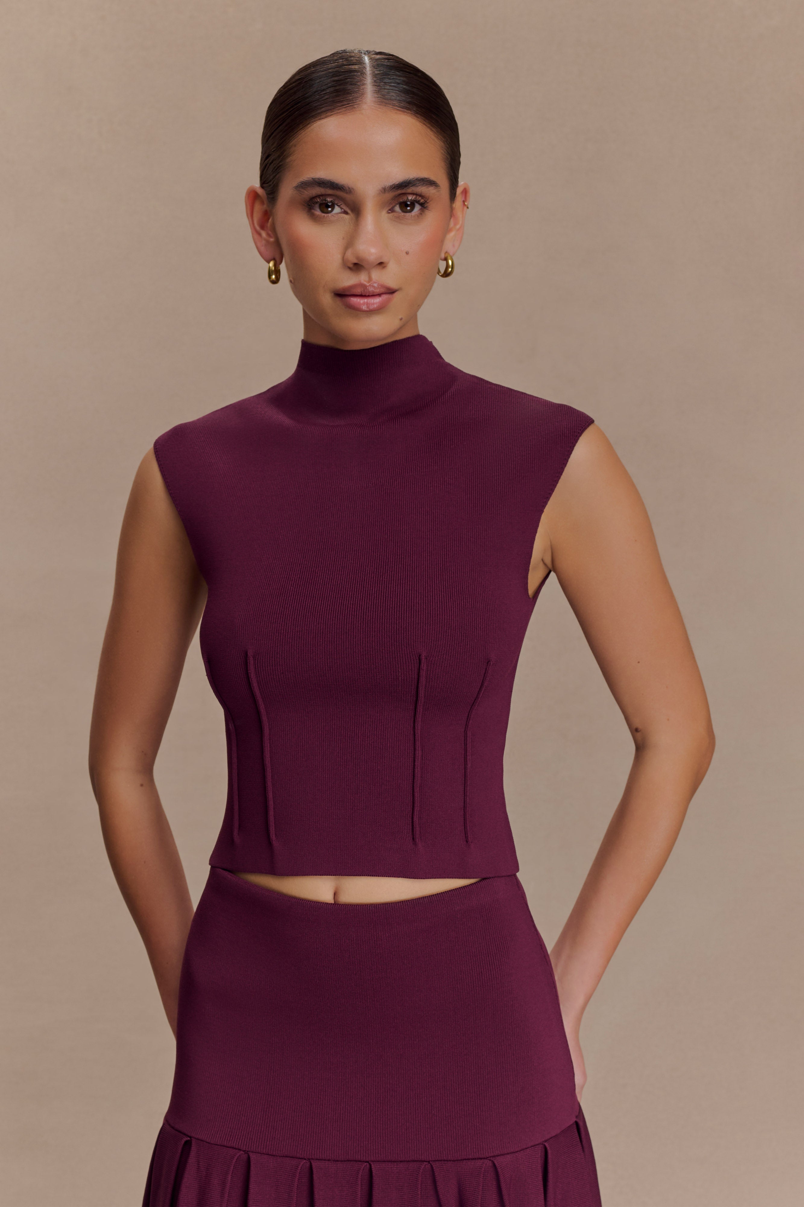 Romaine High Neck Bandage Knit Top - Wine | MESHKI US