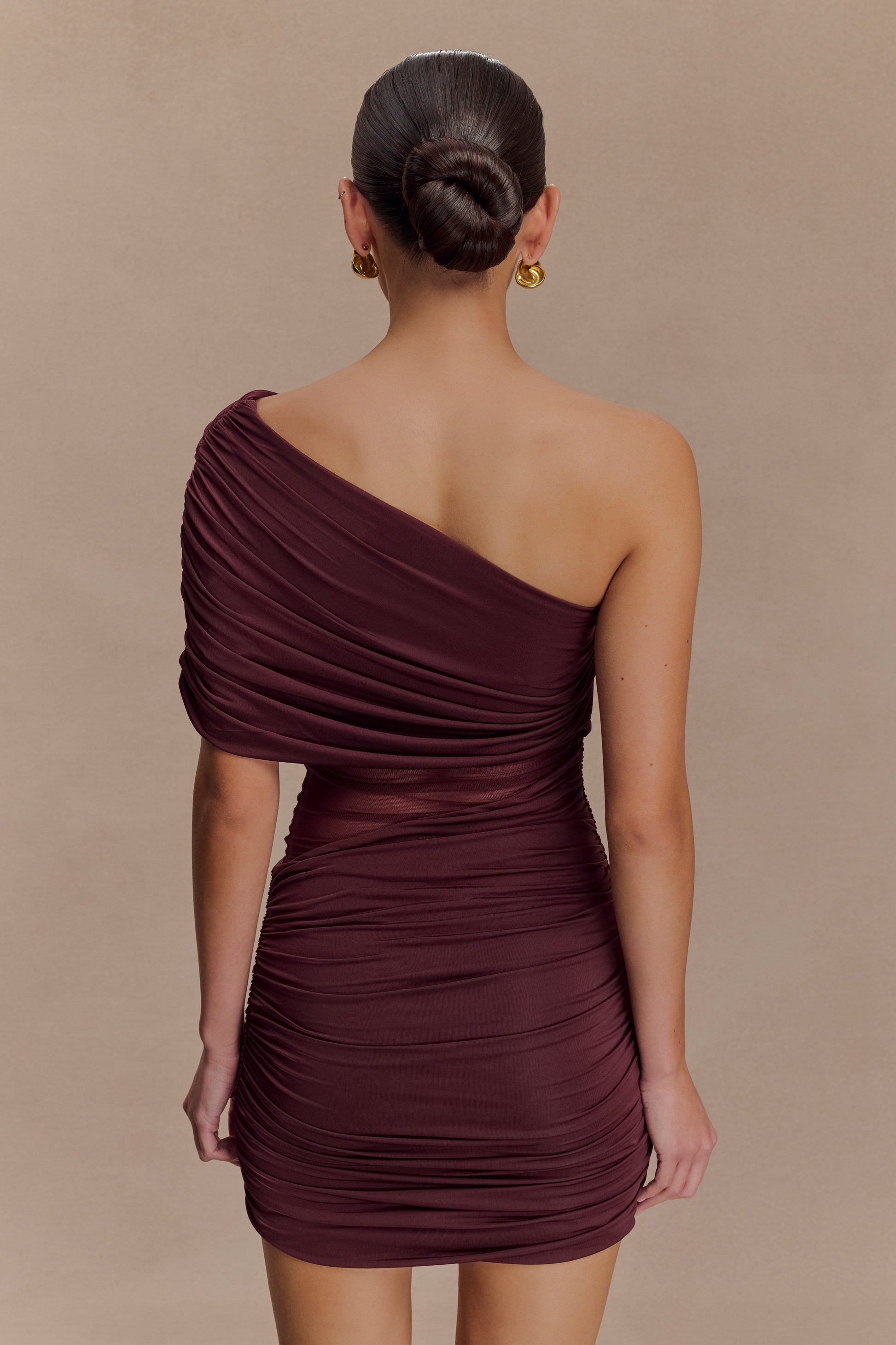 Dallas One Shoulder Mesh Mini Dress - Mahogany | MESHKI US Dallas One Shoulder Mesh Mini Dress - Mahogany | MESHKI US