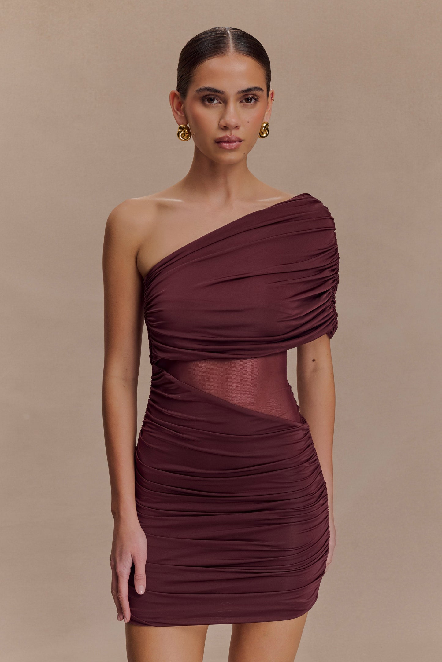 Dallas One Shoulder Mesh Mini Dress - Mahogany | MESHKI US Dallas One Shoulder Mesh Mini Dress - Mahogany | MESHKI US