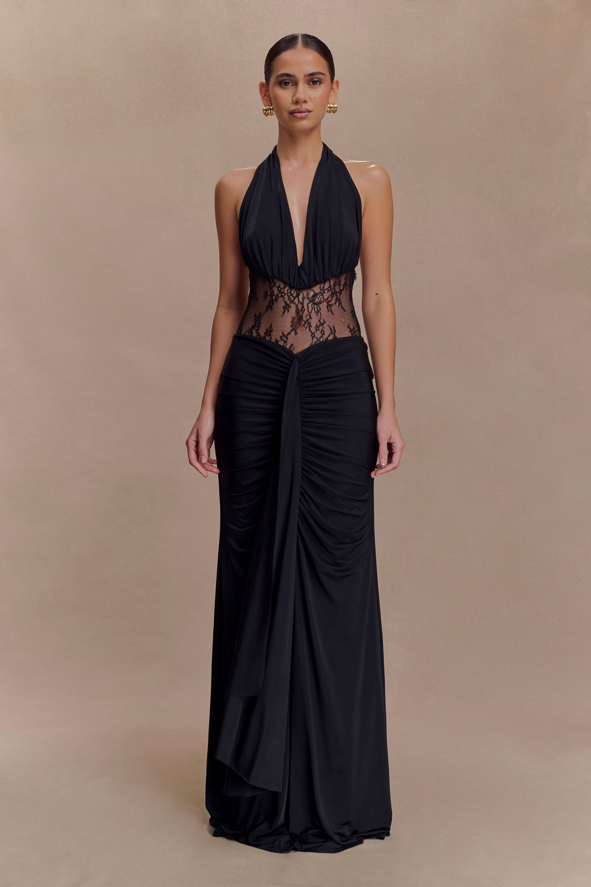 Bonnie Slinky And Lace Maxi Dress / Black | MESHKI